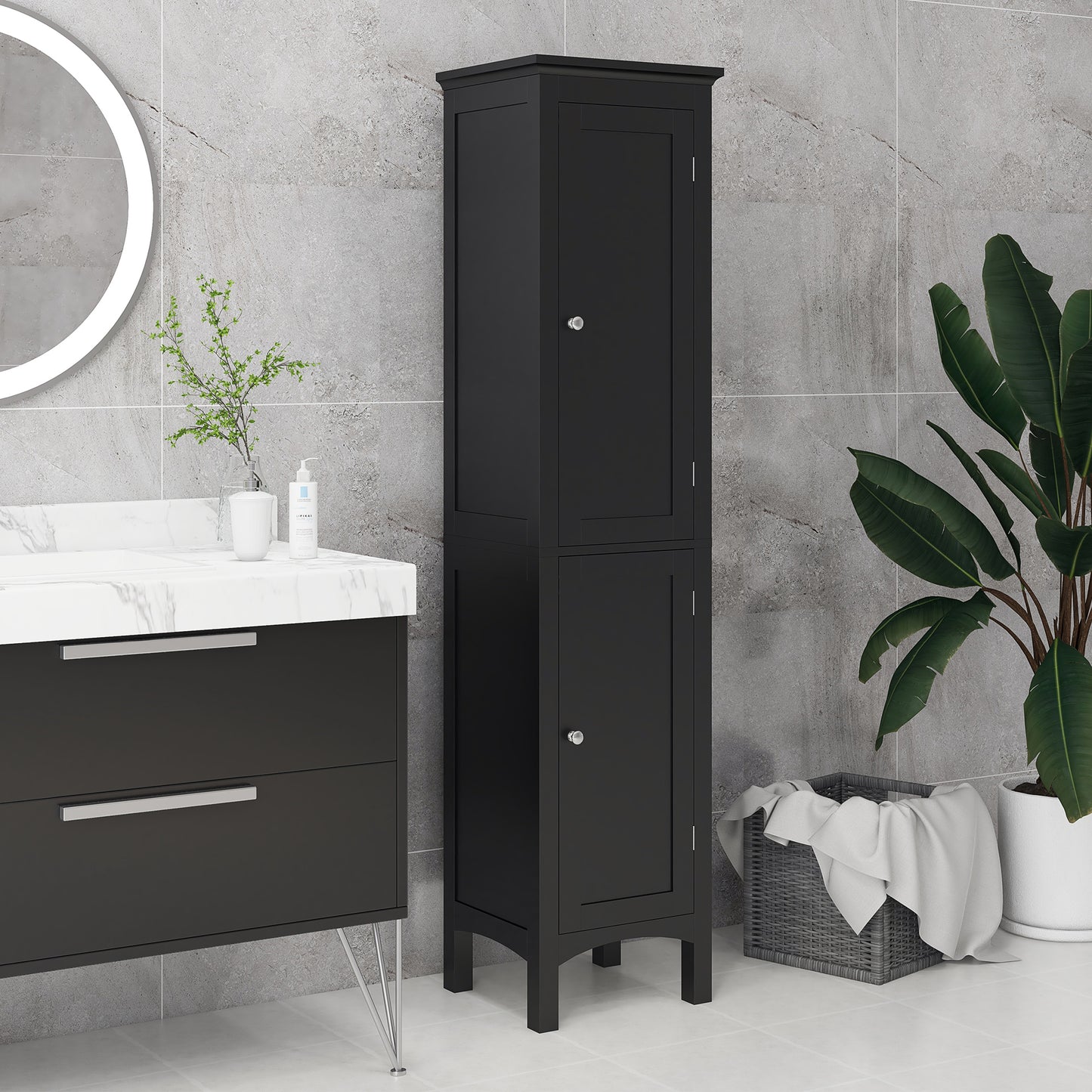 kleankin Tall Bathroom Cabinet, Freestanding Storage Organizer with Adjustable Shelves and Cupboards, 15" x 13" x 63", White