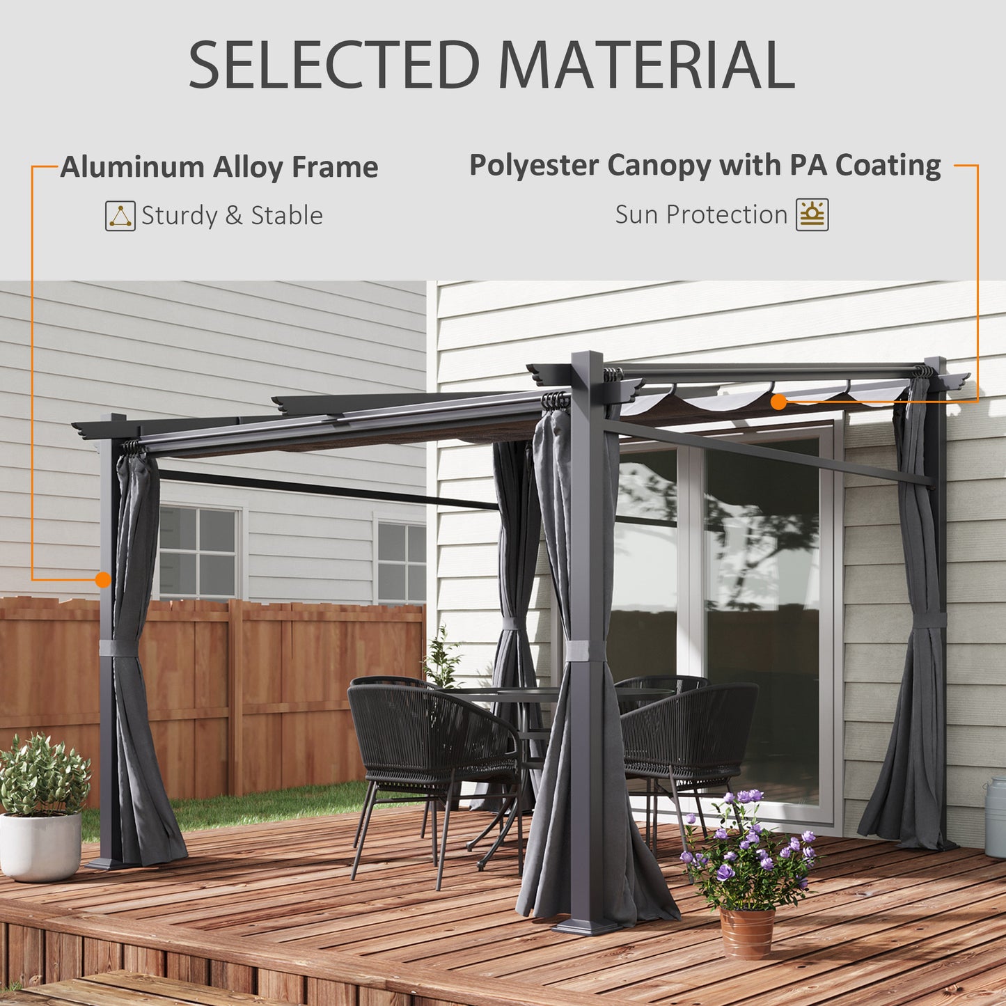 Outsunny Metal Pergola with Sliding Roof Canopy, Retractable Pergola Canopy, 10' x 10', Dark Grey