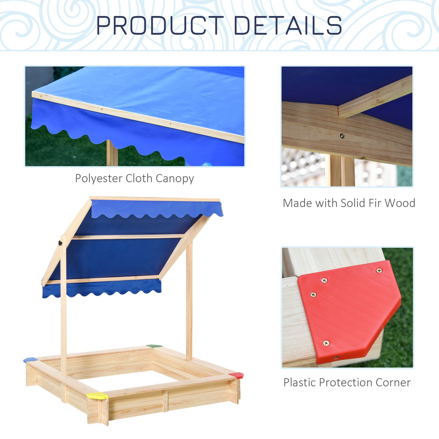 Outsunny Kids Wooden Sandbox with Cover, Play Sand Station for Children Outdoor Sand box, with Seats, for Backyard, Beach, 47" x 47" x 47", Natural