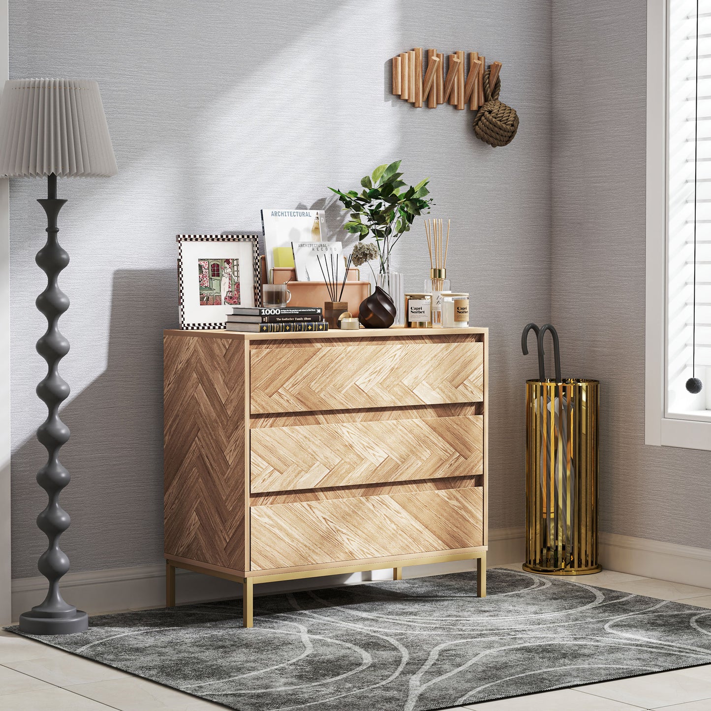 HOMCOM Bedroom Chest of Drawers with Anti-tipping Design, Storage Cabinet with 3 Drawers for Living Room, Hallway, Nature Wood