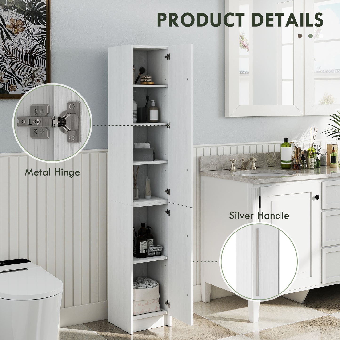 HOMCOM Freestanding Tall Bathroom Storage Cabinet with Adjustable Shelves, Bathroom Organizer, Black Wood Grain