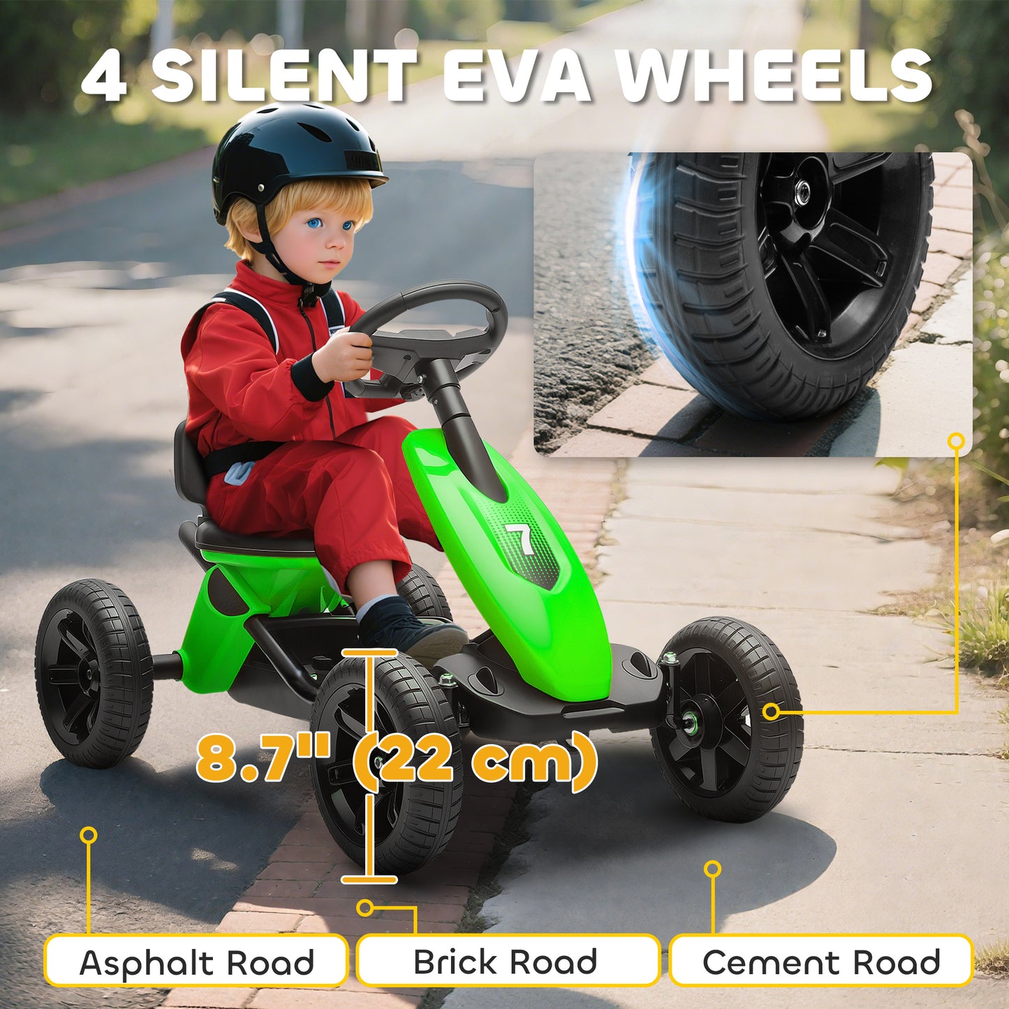 Qaba Pedal Go Kart for Kids 2-5 Years Old with Silent EVA Wheels, Metal Frame, Green