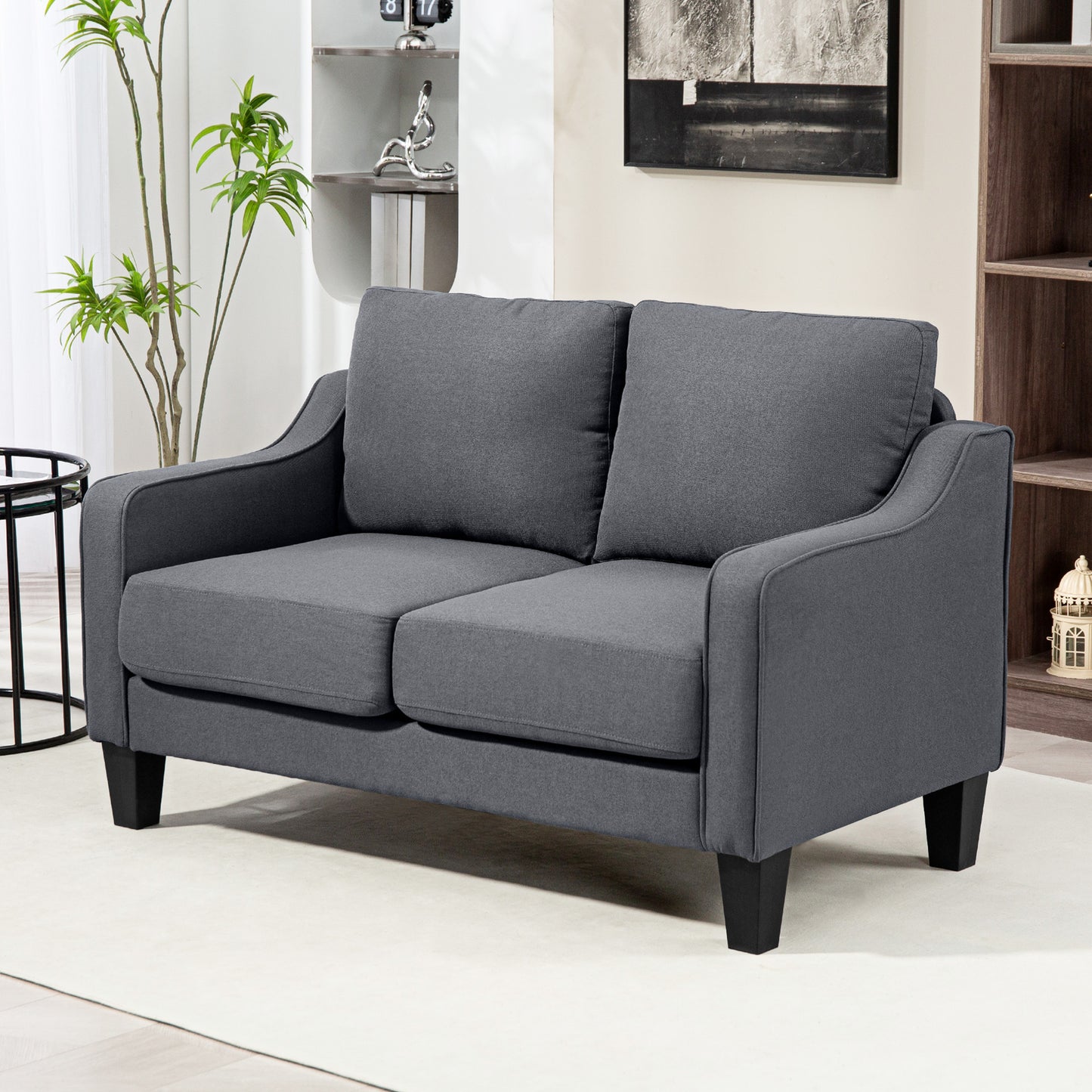 HOMCOM Loveseat Sofa, Modern Couch with Pocket Spring, Linen Upholstered, Thick Padded, Charcoal Grey