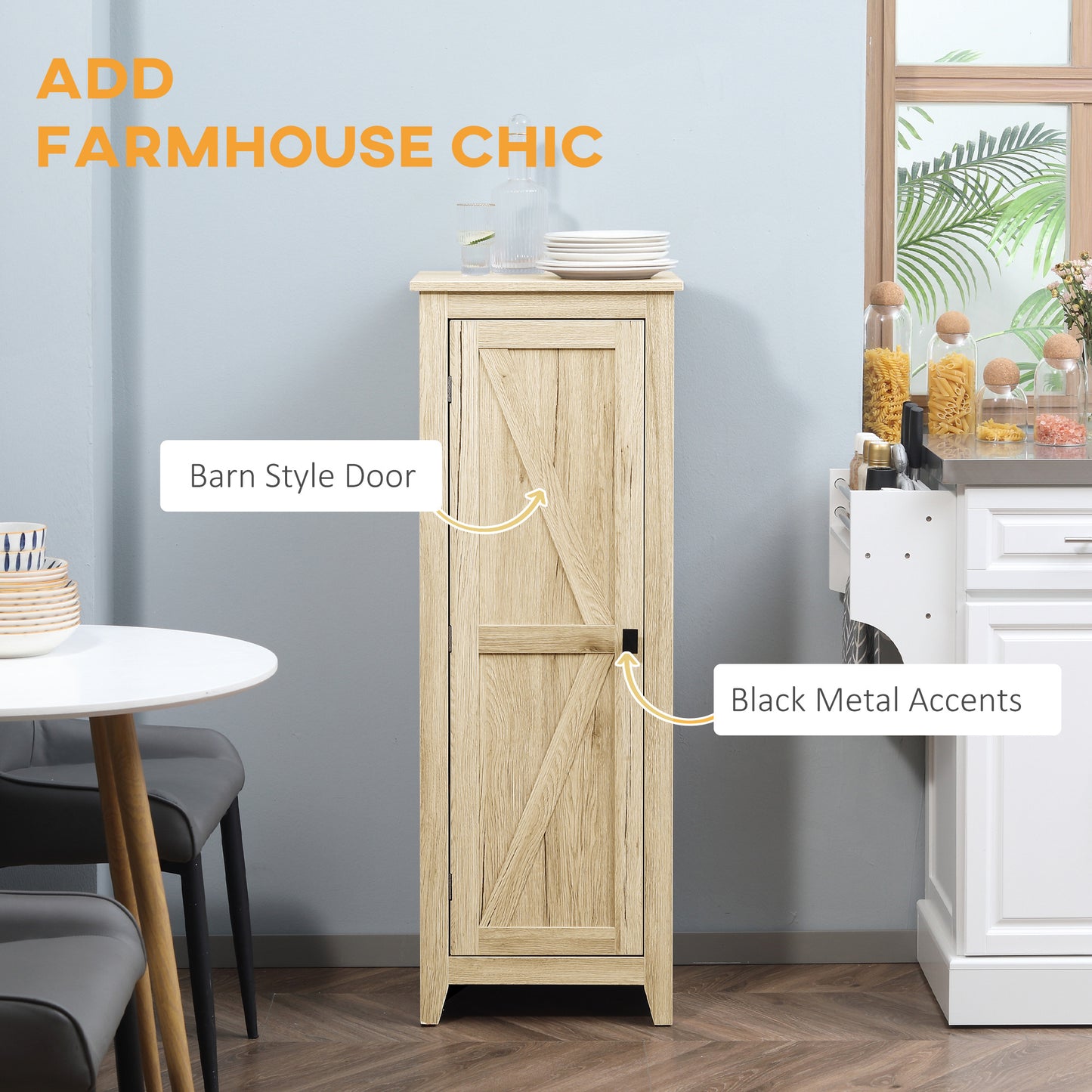 HOMCOM 48" Farmhouse Kitchen Pantry Storage Cabinet with Barn Door, Kitchen Pantry Cabinet with Adjustable Shelves, Natural