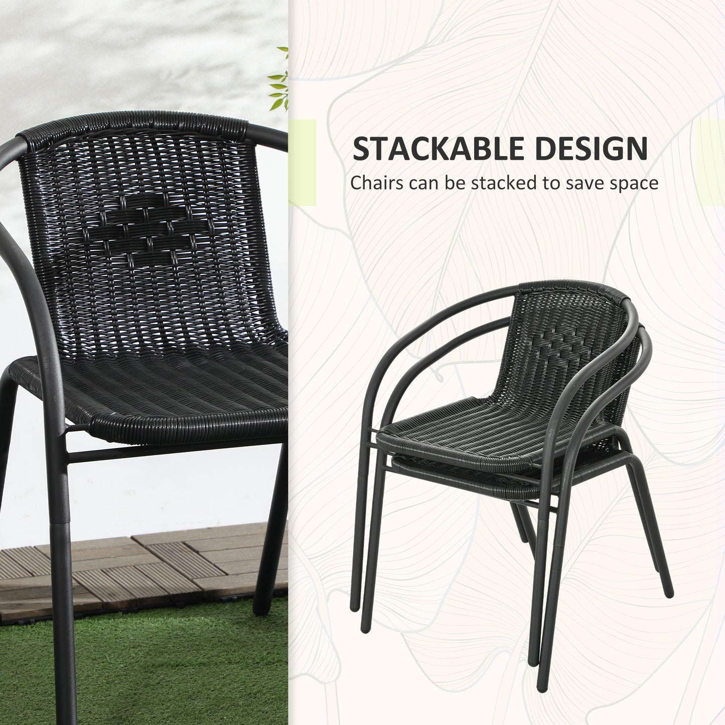 Outsunny 3 Pieces Outdoor Wicker Furniture Set with 2 Stackable Chairs, Tempered Glass Coffee Table for Garden, Backyard, Black