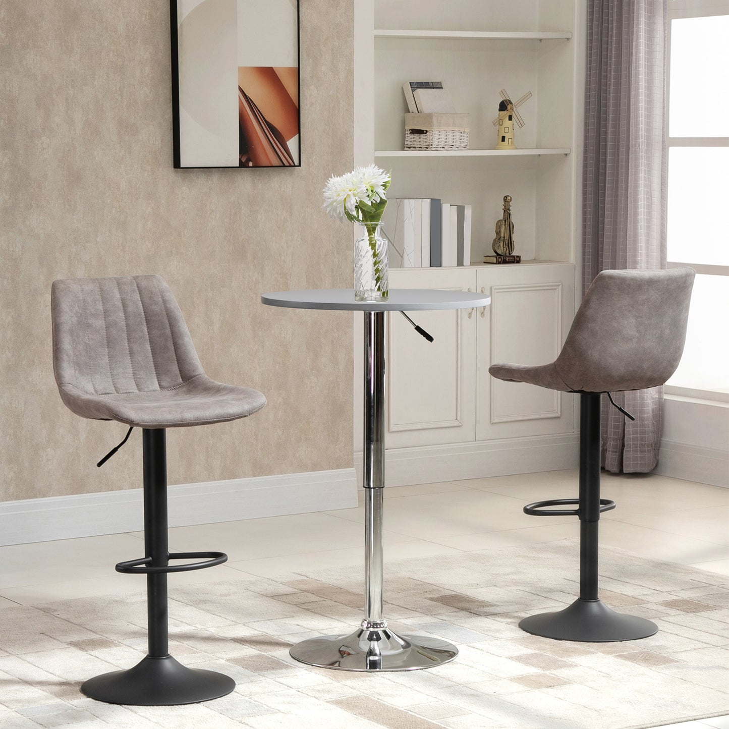 HOMCOM Adjustable Bar Stools Set of 2, Leathaire Swivel Barstools with Back and Footrest, Upholstered Bar Chairs for Kitchen, Dining Room, Home Pub, Brown