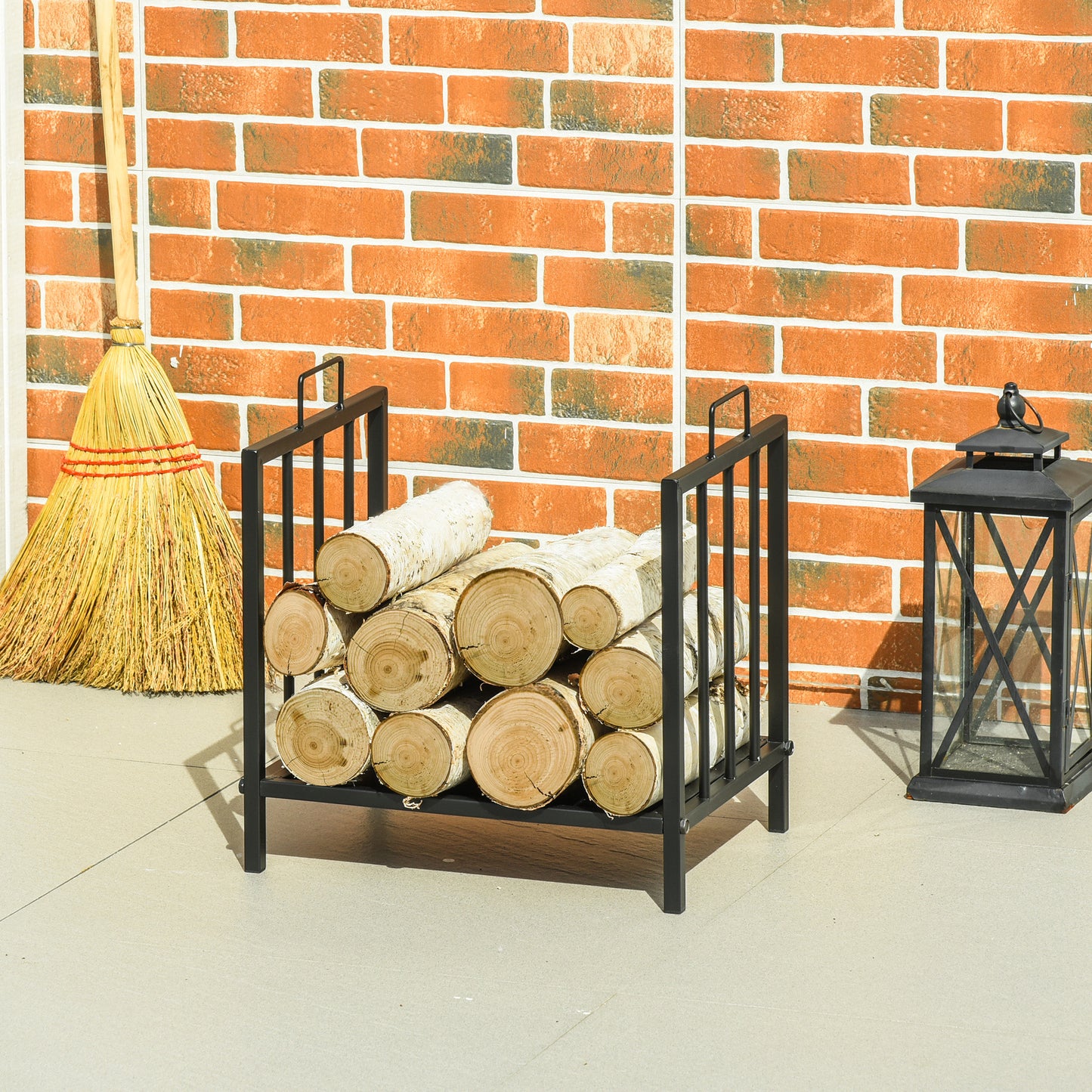 Outsunny 2-Tier Firewood Log Rack with 4 Tools 33" Fireplace Wood Holder Storage Log Rack with Shovel, Broom, Poker, Tongs and Hooks