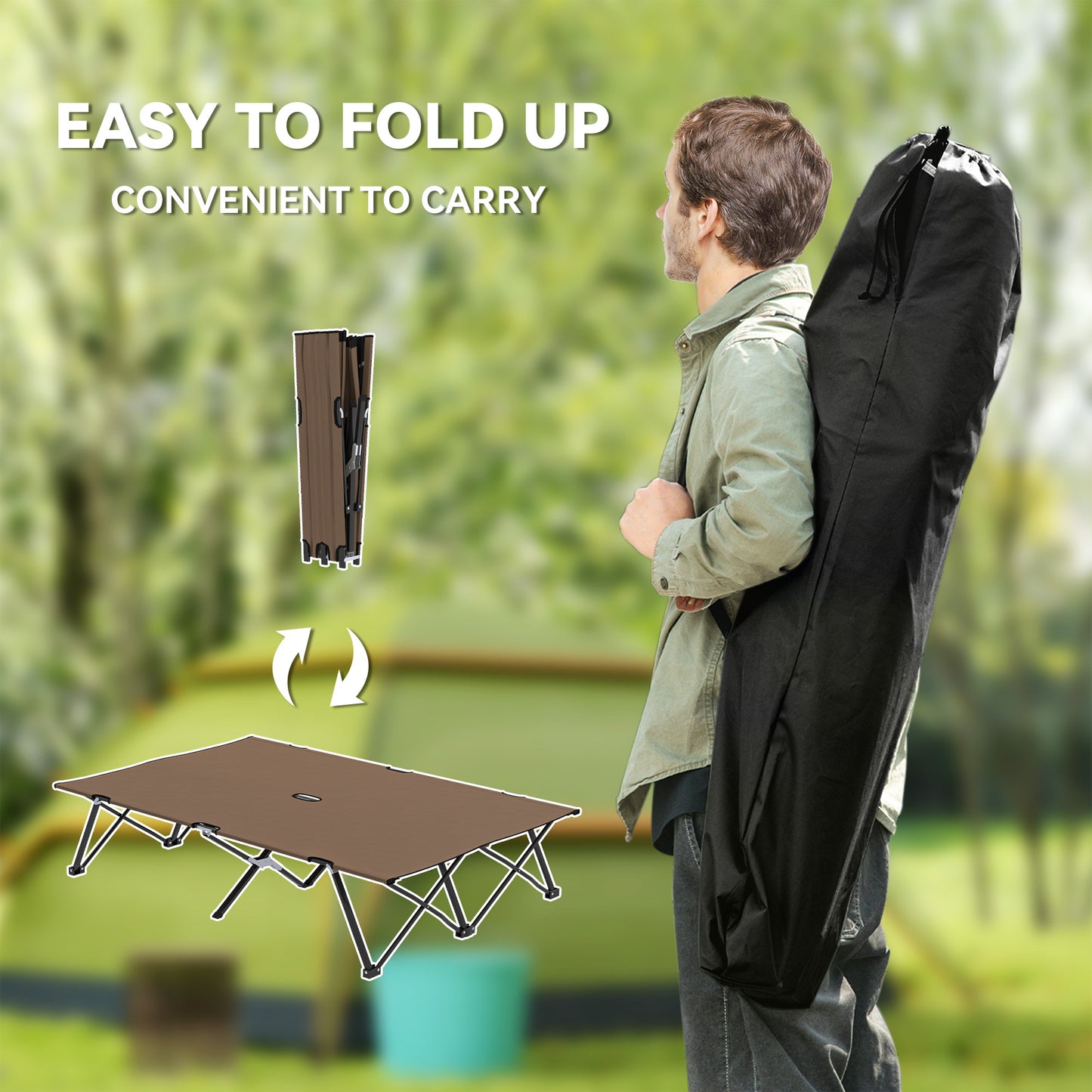Outsunny 76" Two Person Folding Camping Cot Outdoor Portable Double Cot Wide Military Sleeping Bed w/ Carrying Bag Blue