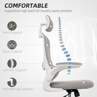 HOMCOM Ergonomic Mesh Office Chair, High Back Desk Chair with Rotatable Headrest, Flip-Up Armrests, Lumbar Support, Grey