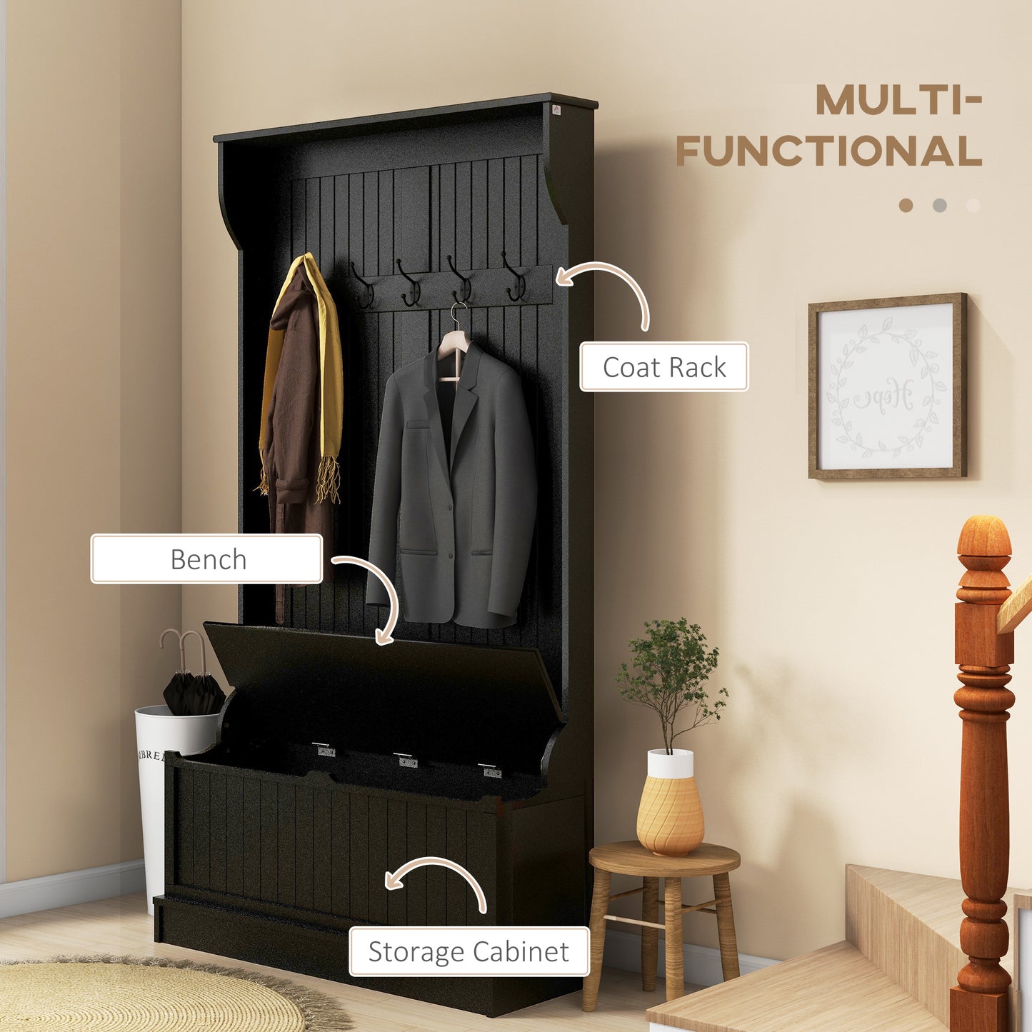 HOMCOM 3-In-1 Hall Tree w/ Coat Rack, Shoe Storage and Bench Seat, Entryway Bench w/ 4 Hooks for Hallway, Living Room, White