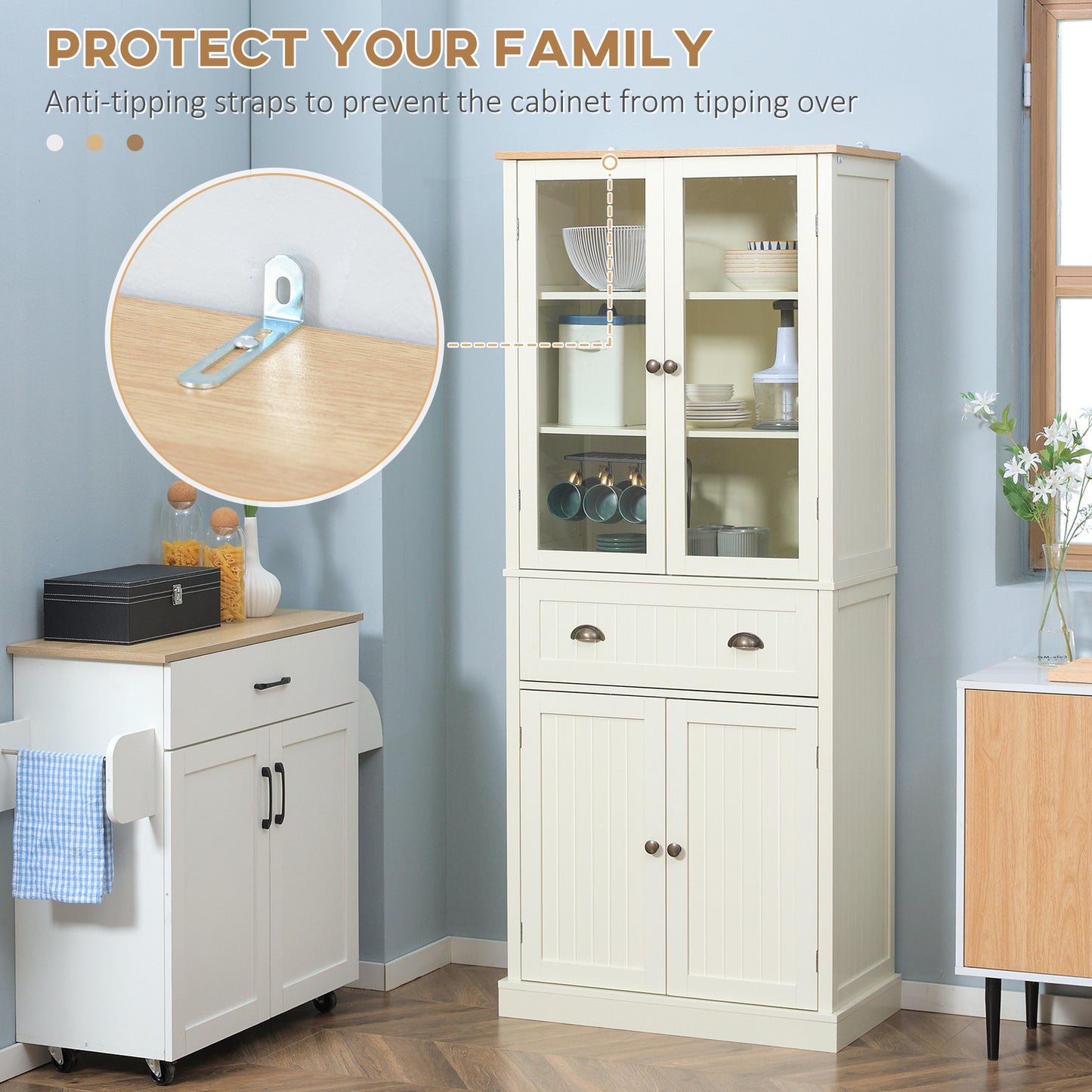 HOMCOM 72" Kitchen Pantry Cabinet, Freestanding Buffet Storage Cabinet with Glass Doors, Drawer and Adjustable Shelves, Cream White