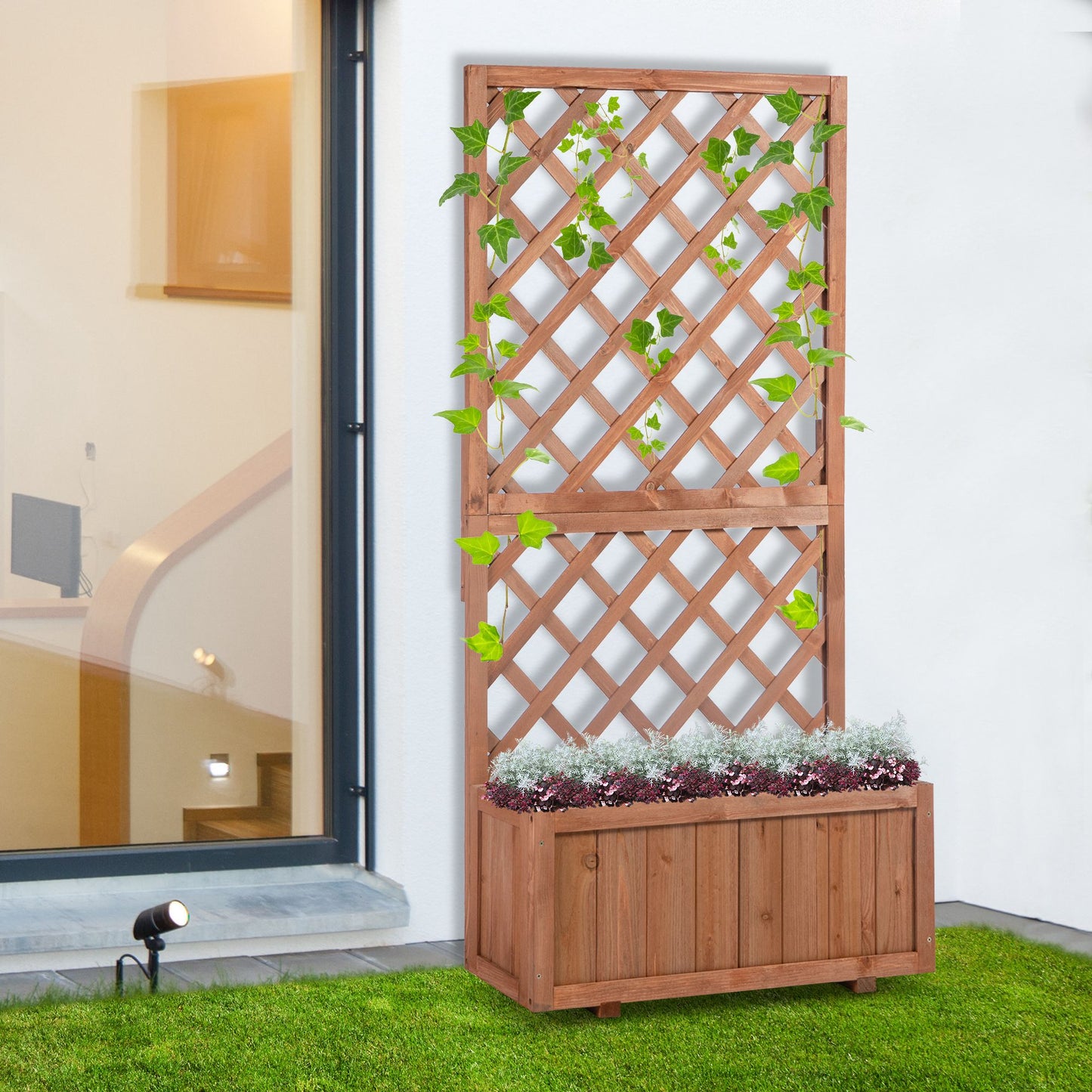 Outsunny 2.4 x 1 x 4.9 ft Garden Wooden Pine Trough Planter with Topped Trellis Climbing Plants Flower Raised Bed, Orange