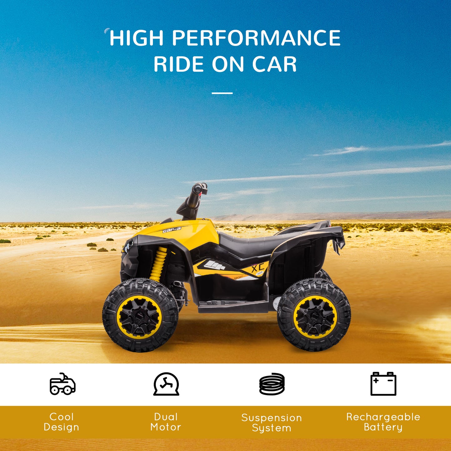 Aosom Kids 4 Wheeler Quad with Music, Headlights, High & Low Speed, Kids ATV for 3-5 Years Old Boys & Girl, Yellow