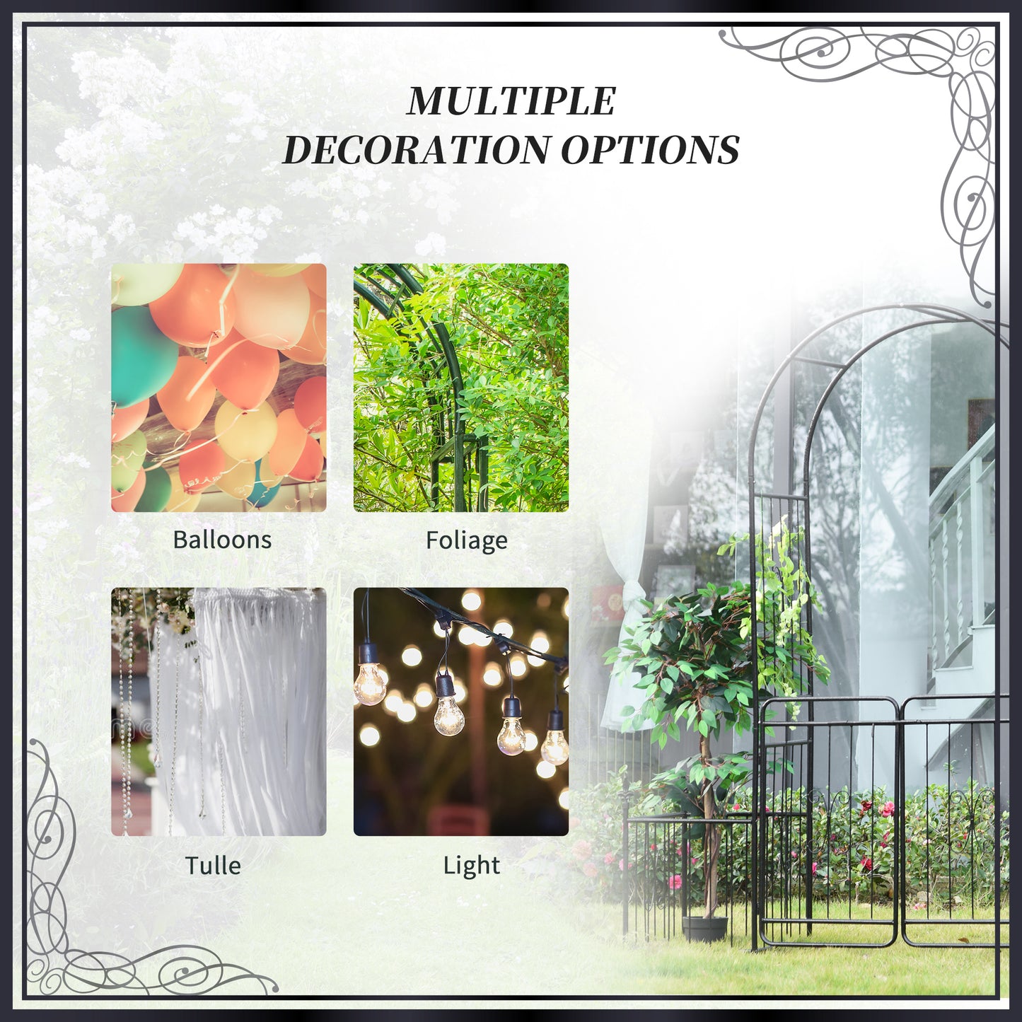Outsunny 7.2FT Metal Garden Arbor Arch with Double Doors, 2 Side Planter Baskets, Climbing Vine Frame, Black