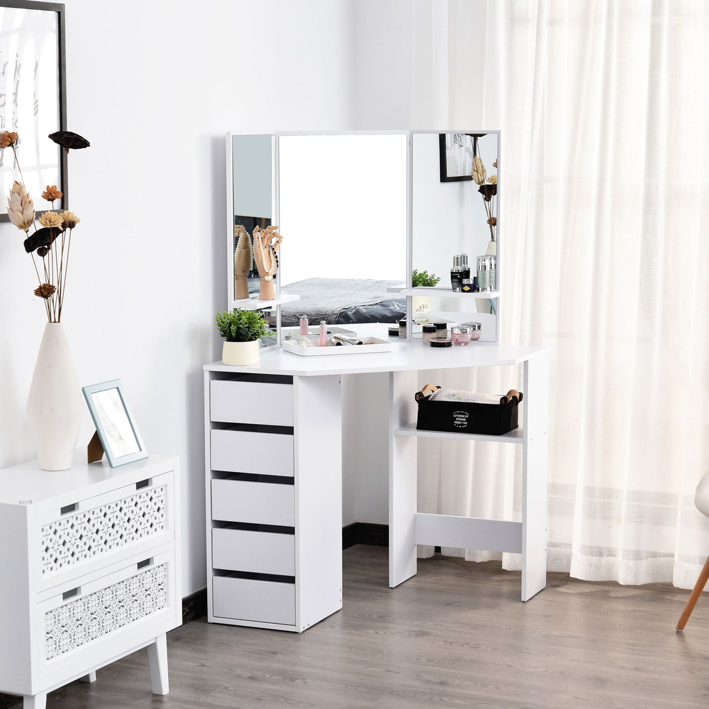 HOMCOM Corner Vanity Desk with Mirror, Makeup Vanity Table with 5 Drawers and Open Shelves, Dressing Table with 3-piece Mirror for Bedroom, Black