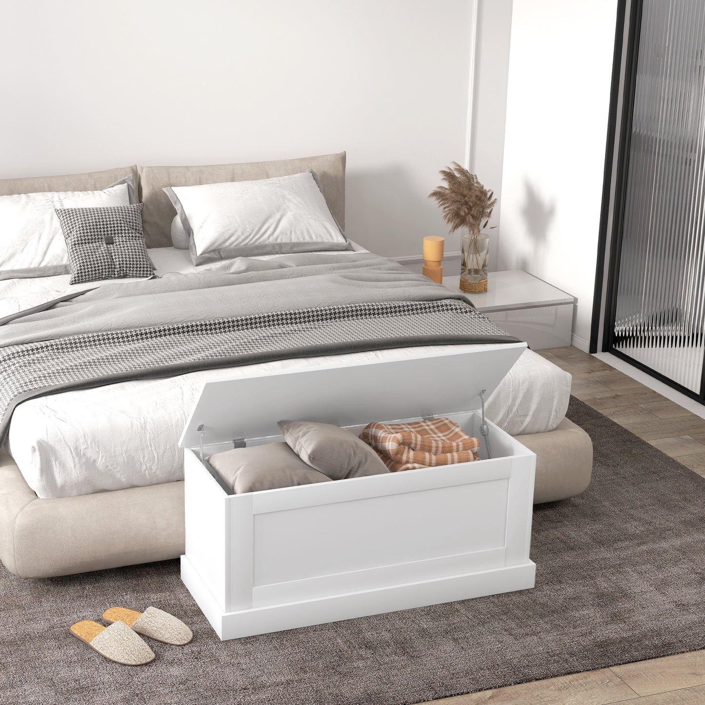 HOMCOM 31.5 Inches Storage Chest, Storage Trunk with Safety Hinge, Wooden Box for Living Room, White Wood Grain