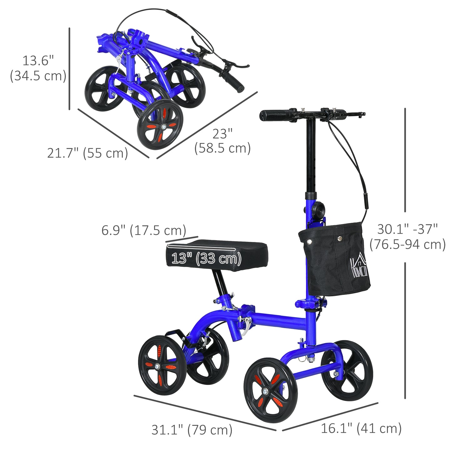 HOMCOM Steerable Knee Walker, Foldable Knee Scooter with Dual Braking System, Adjustable Height, Crutch Alternative, Red