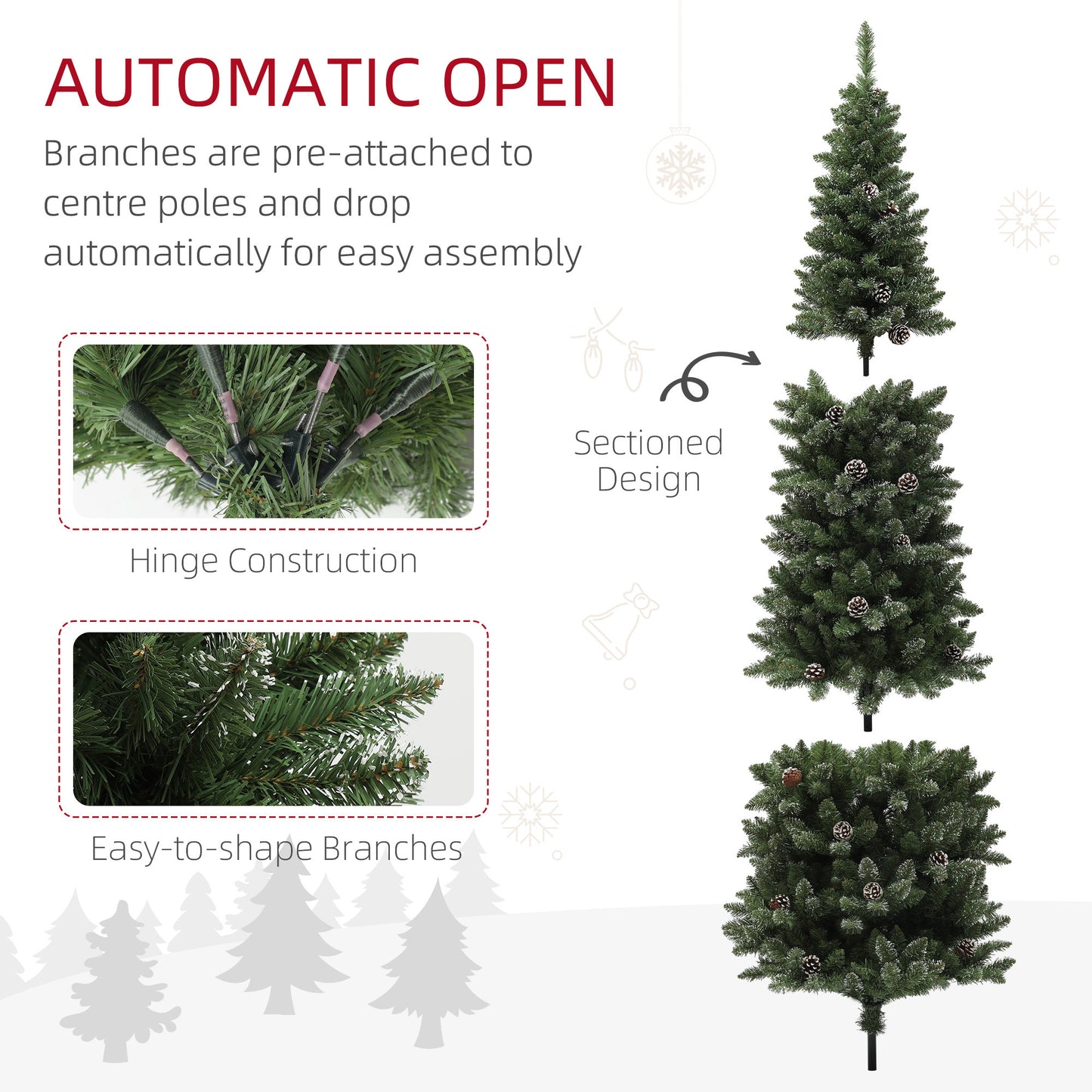 HOMCOM 6ft Artificial Pencil Christmas Tree with 618 Branches, Pinecones, Metal Stand, Realistic Xmas Tree for Home