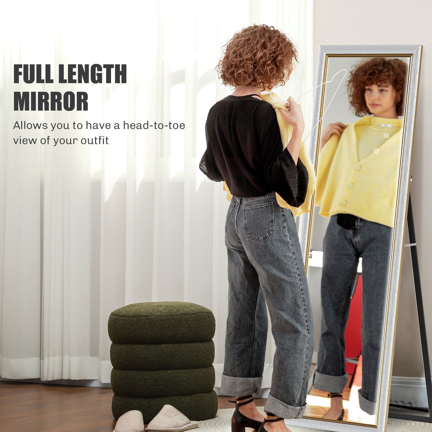 HOMCOM Floor Standing Mirror, Full Body Mirror, Free Standing, Leaning or Wall Mirror with Frame for Bedroom, Grey