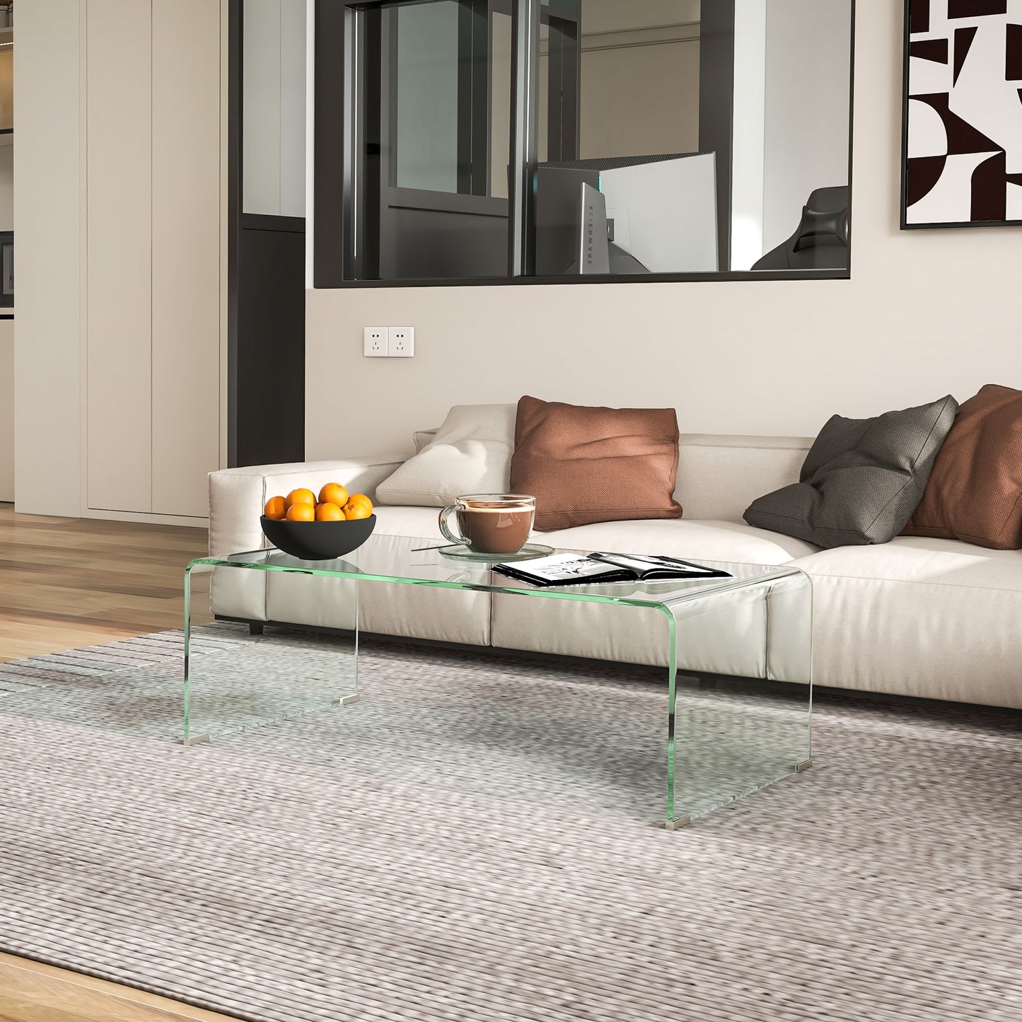 HOMCOM Glass Coffee Table, Clear Coffee Table for Living Room, Modern Rectangle Center Table with Safe Rounded Edges