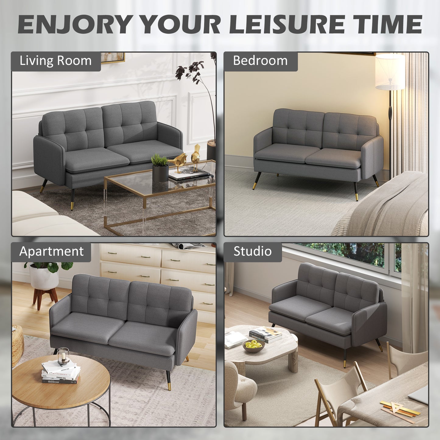 HOMCOM 55" Loveseat Sofa for Bedroom, Modern Love Seats Furniture with Button Tufting, Upholstered Small Couch for Living Room, Small Space, Grey