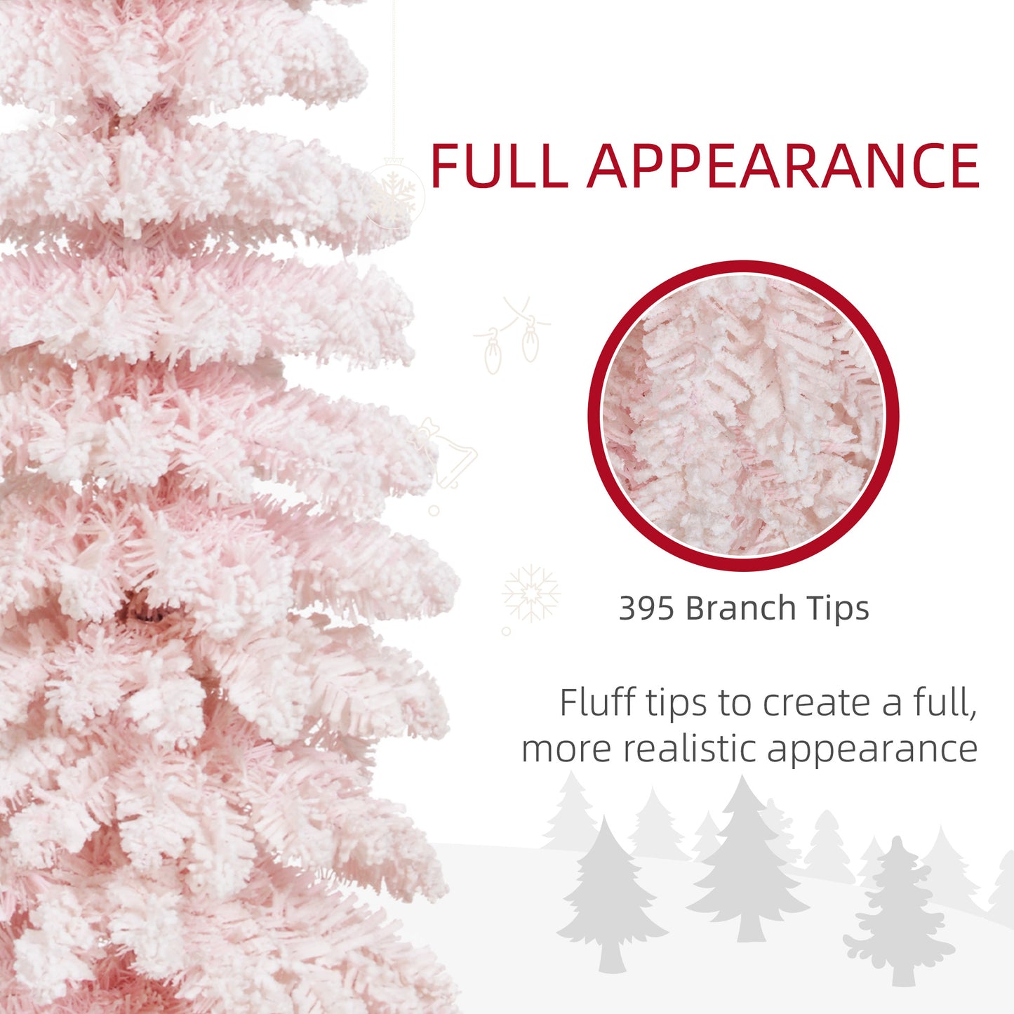 HOMCOM 5ft Snow-Flocked Artificial Christmas Tree, Slim Pencil Xmas Tree with 301 Realistic Branches, Metal Base, Pink