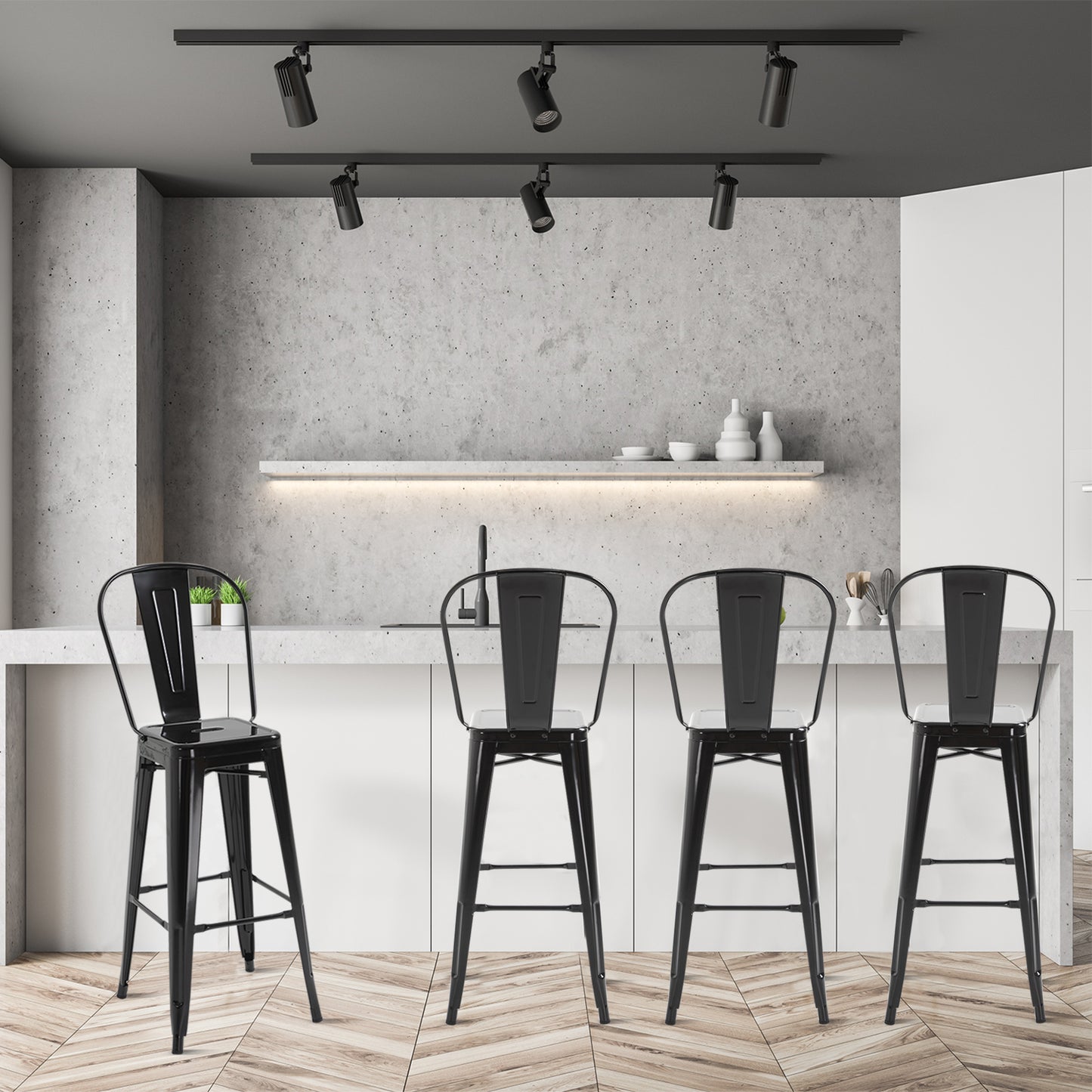 HOMCOM Set of 4 Bar Stools Kitchen Industrial Breakfast Bistro Cafe Metal Frame Black