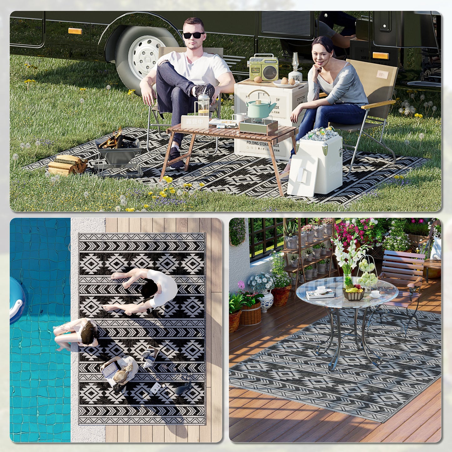 Outsunny Reversible Outdoor RV Rug, Patio Floor Mat, 6' x 9' Plastic Straw Rug for Backyard, Deck, Beach, Camping, Black & Grey