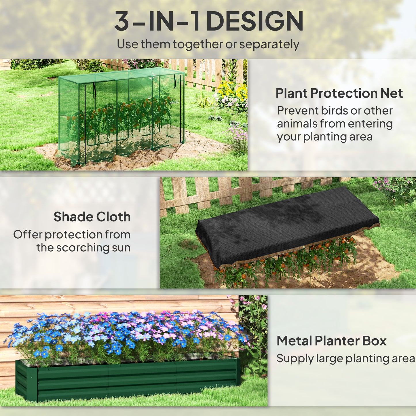 Outsunny Galvanized Steel Planter Box with Crop Cage and Shade Cloth, Raised Garden Bed for Flowers, Vegs and Herbs