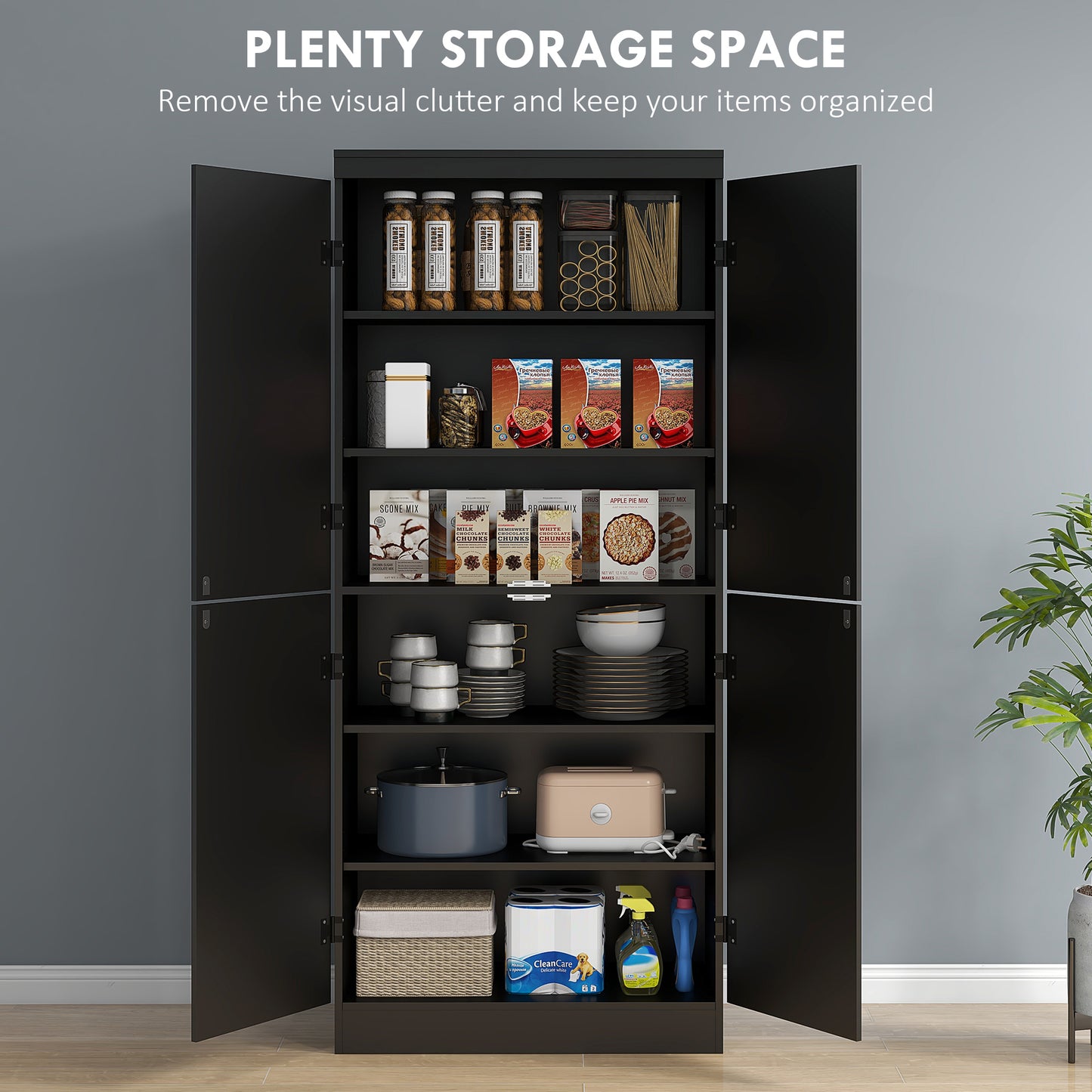HOMCOM 70" 4-Door Storage Cabinet, Freestanding Pantry Cabinet with Adjustable Shelves for Living Room, Natural