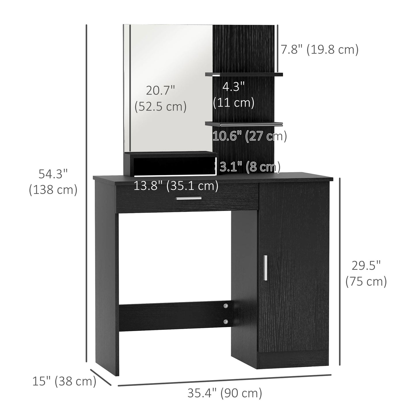 HOMCOM Dressing Table, Vanity Table with Mirror, Drawer and Storage Shelves for Bedroom, 35.4" x 15" x 54.3", White