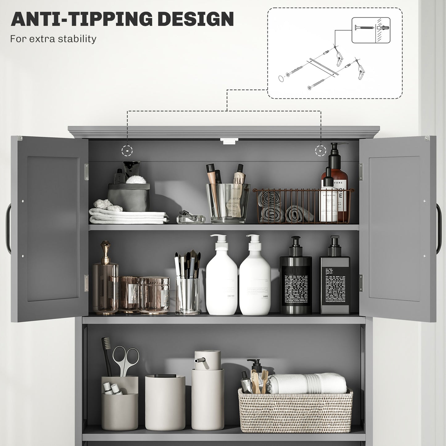 kleankin Modern Over The Toilet Storage, Bathroom Cabinets Over Toilet with Open Shelves and Double Door Cabinet, White