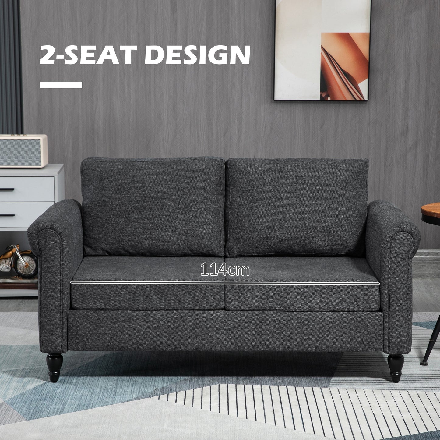HOMCOM Vintage Loveseat, Upholstered Love Seat Furniture, Chenille-feel Fabric 2 Seater Sofa Couch with Rolled Arms, Gourd-Shaped Rubber Wood Legs for Living Room, Dark Grey
