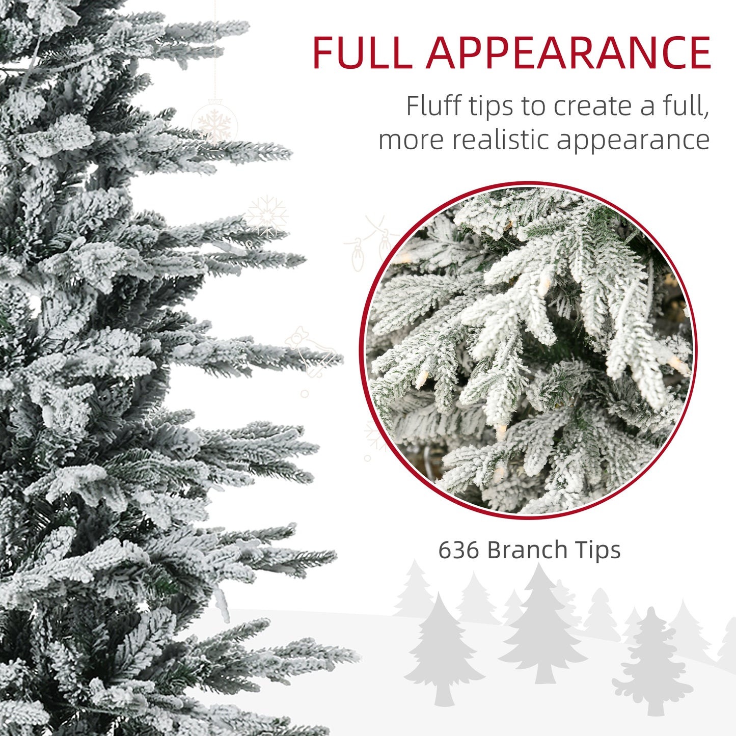 HOMCOM 6' Pre Lit Arctic Fir Artificial Flocked Christmas Trees, with Snow Branches, Warm White UL Listed Clear Lights