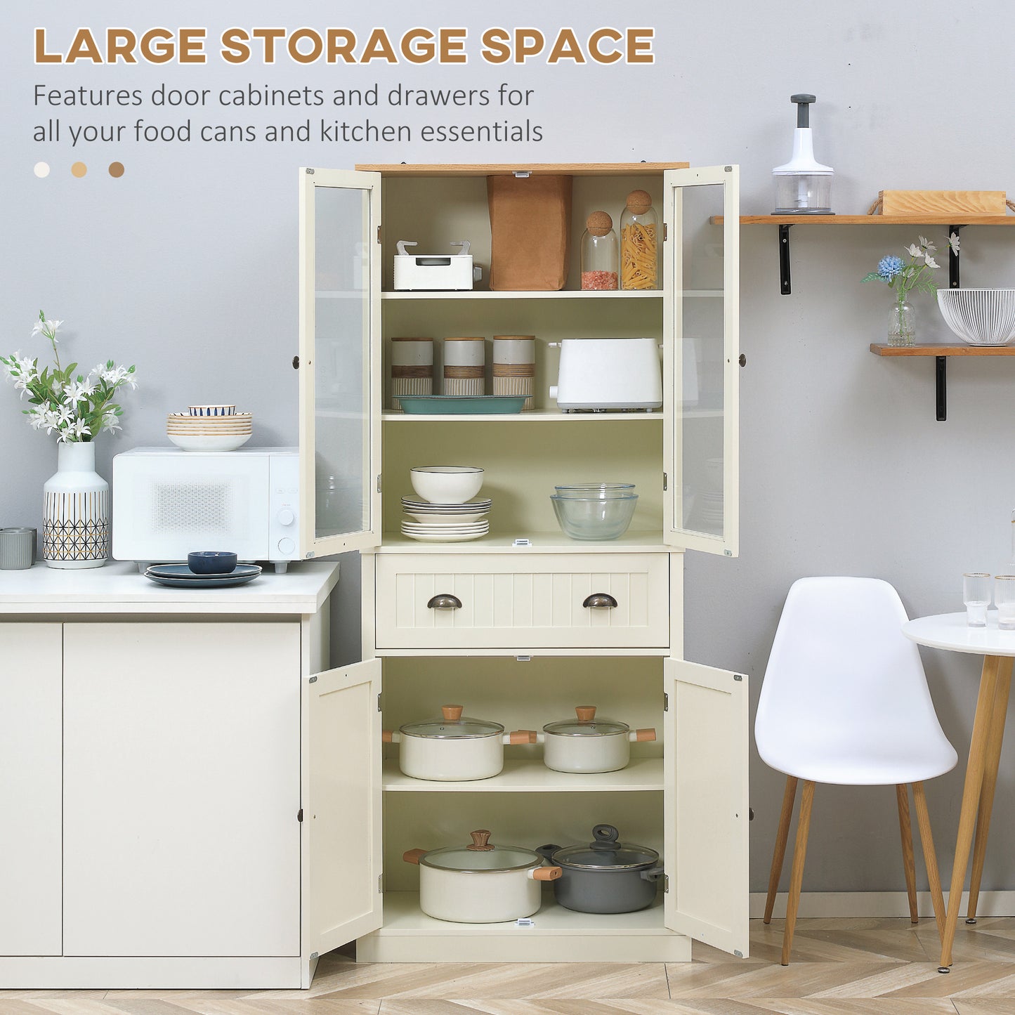 HOMCOM 72" Kitchen Pantry Cabinet, Freestanding Buffet Storage Cabinet with Glass Doors, Drawer and Adjustable Shelves, Cream White
