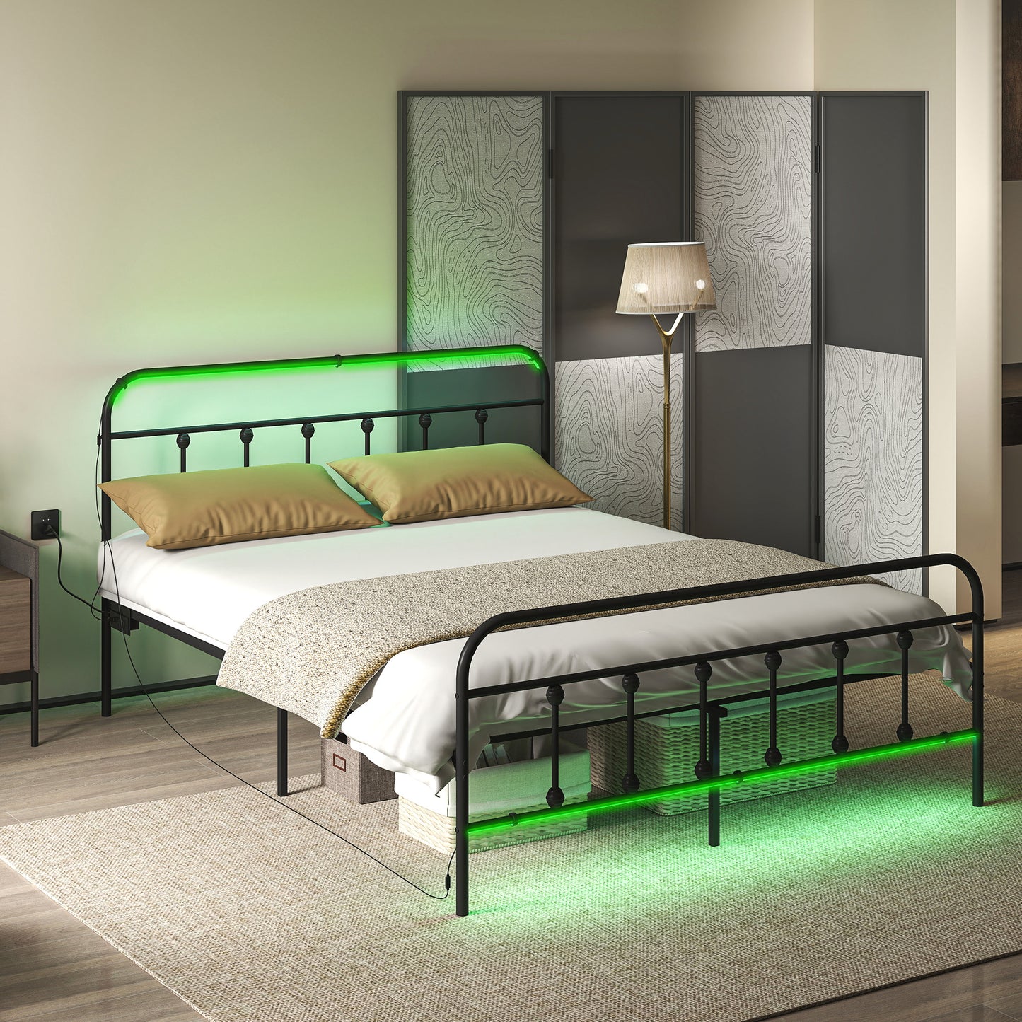 HOMCOM Full Bed Frame with LED Lights and Charging Station, Metal Platform Bed Frame with Under Bed Storage, Black