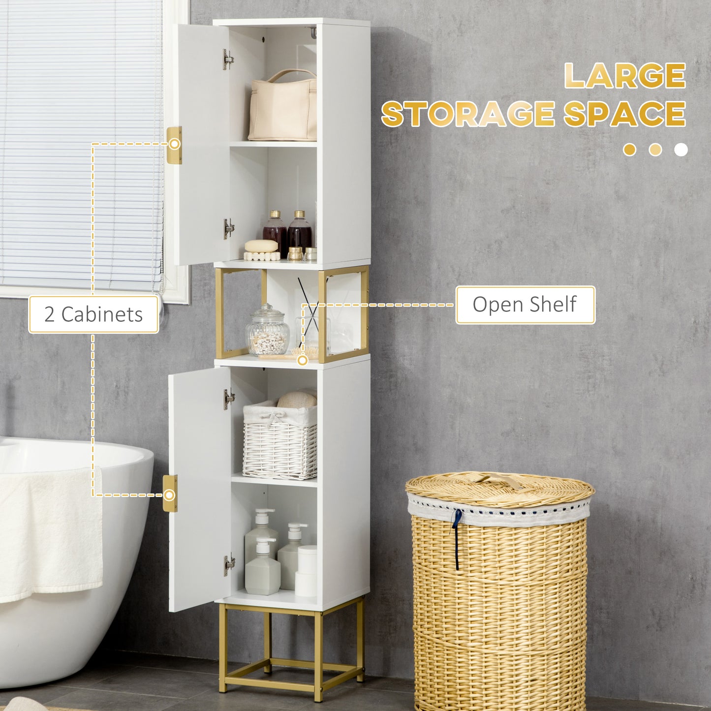 kleankin Tall Bathroom Storage Cabinet, Modern Narrow Bathroom Cabinet with Diamond Chevron Pattern and Adjustable Shelf, White