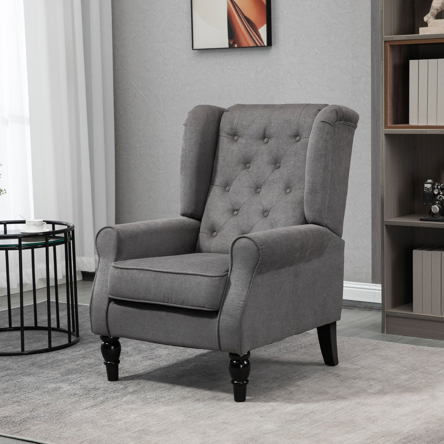 HOMCOM Fabric Accent Chair, Button Tufted Armchair, Upholstered Modern Living Room Chair, Wingback Chair with Wood Legs, Rolled Arms, Thick Padding for Bedroom, White