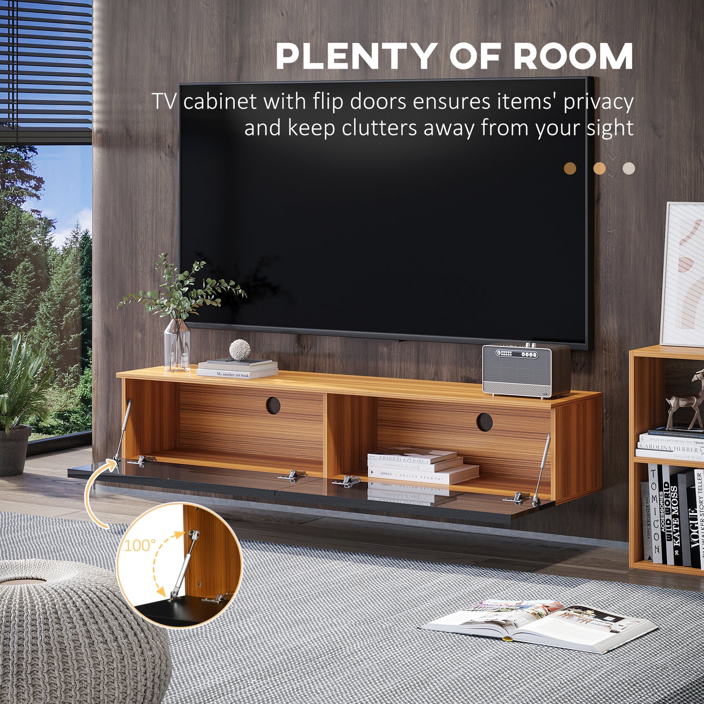 HOMCOM Wall Mounted TV Stand, Floating TV Cabinet for up to 70" TVs with Storage, High Gloss Effect, Brown and Black