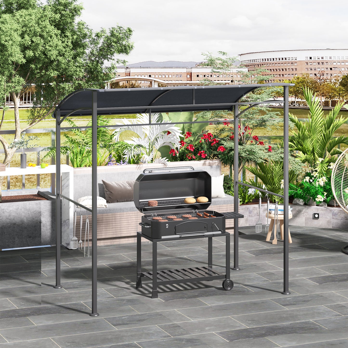 Outsunny 7' x 5' BBQ Grill Gazebo Tent, Garden Grill Canopy with Steel Frame and Hooks, Outdoor Sun Shade, Grey