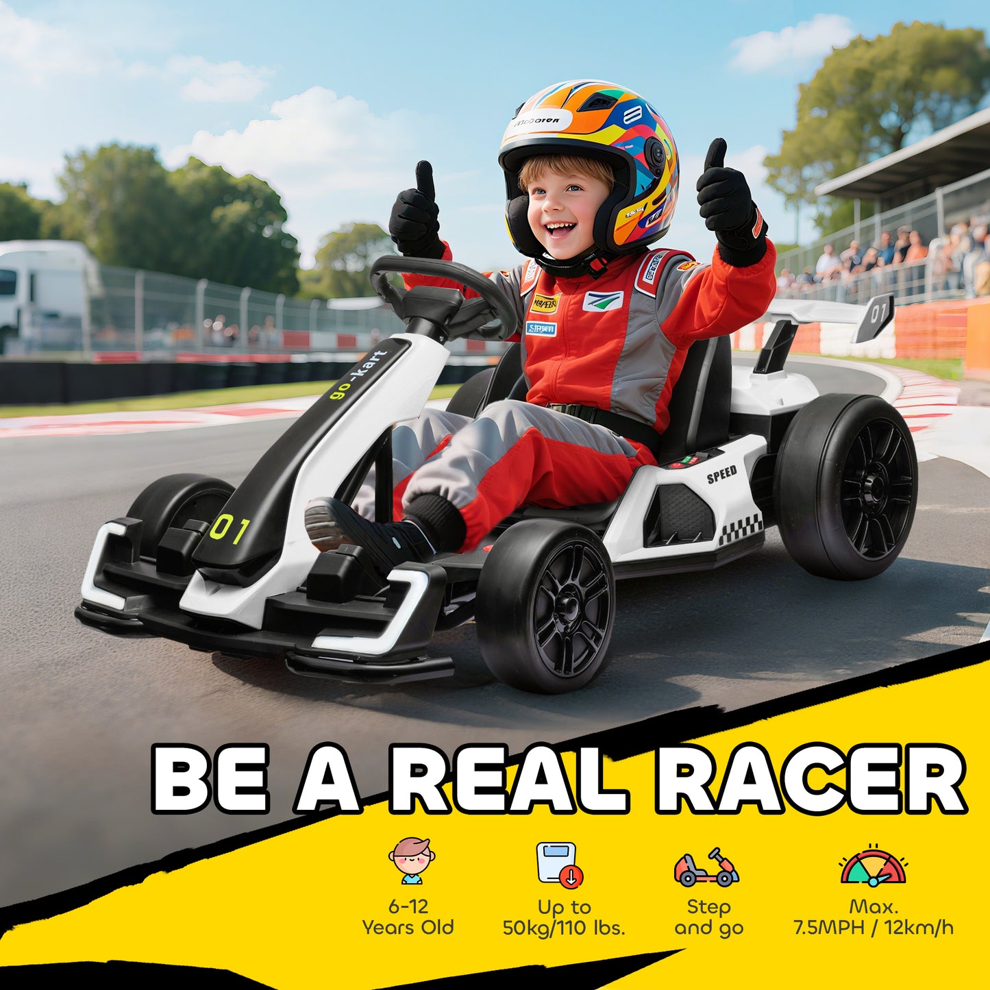 Aosom 24V Electric Go Kart, Battery Powered Kids Drift Kart with Adjustable Seat, Seat Belt, Horn, Music, Light, White