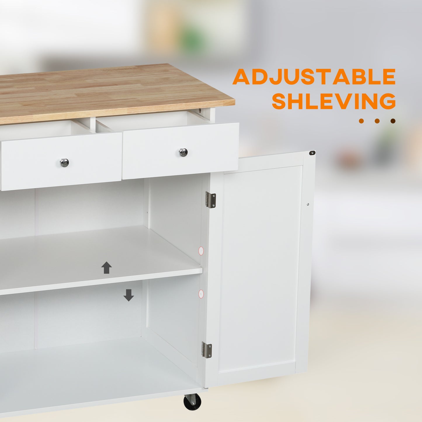 HOMCOM Rolling Kitchen Island with Storage, Kitchen Cart with Rubber Wood Top, Adjustable Shelf, Towel Rack, Hooks and Storage Drawers, White