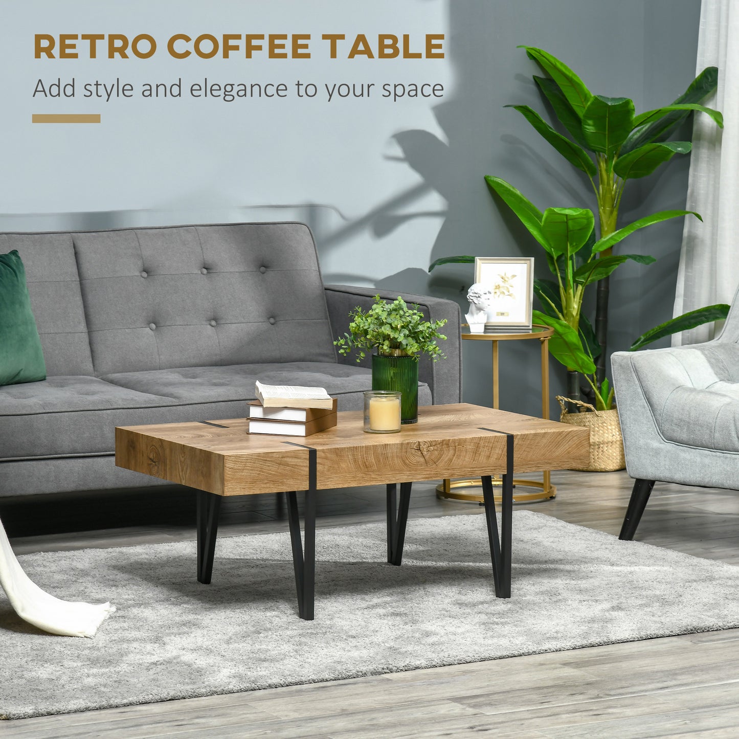 HOMCOM Rustic Coffee Table, Rectangle Nature Central Table with Steel Hairpin Legs for Living Room