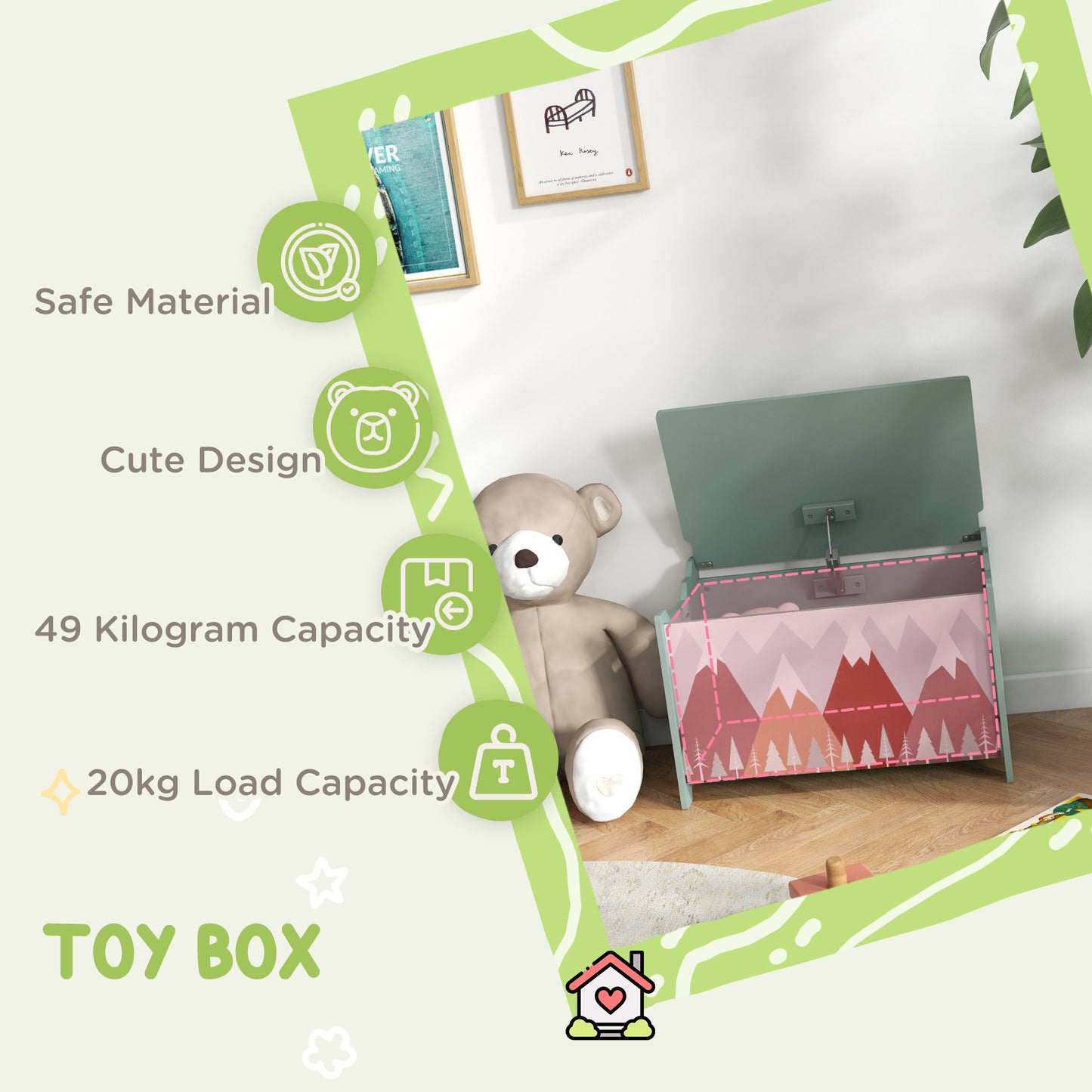 Qaba Toy Box with Lid, Toy Chest Storage Organizer for Bedroom with Safety Hinge, Pink