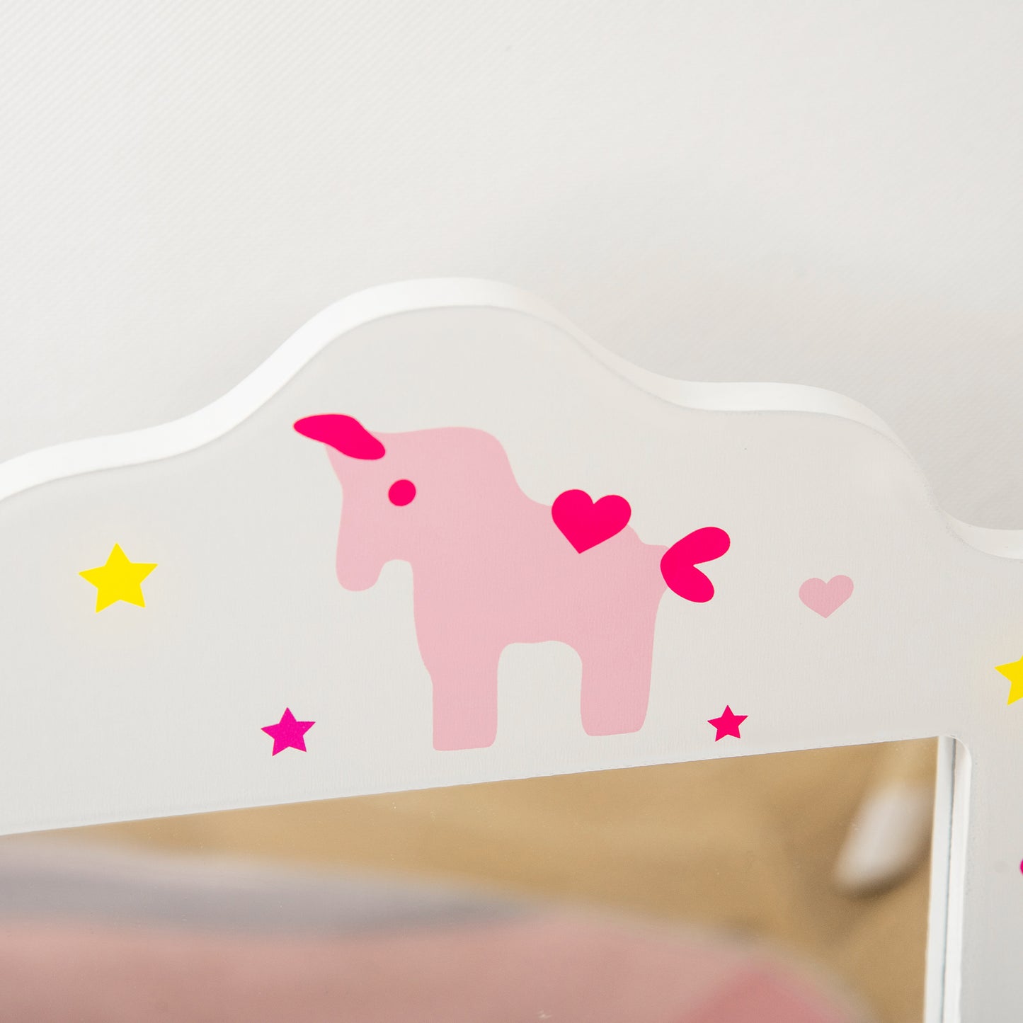 Qaba Kids Vanity Table and Stool, Makeup Vanity Girls Dressing Table Set with Tri-folding Mirrors Drawer Star and Heart Pattern, White