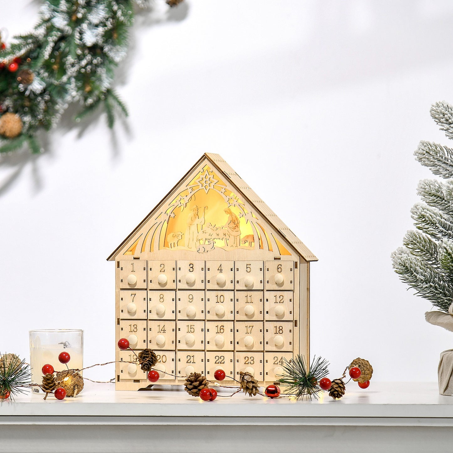 HOMCOM Wooden Christmas Advent Calendar, Lighted 24 Days Xmas Calendar House, Christmas Table Decoration with Countdown Drawers, Bible Characters, Battery Operated, Natural