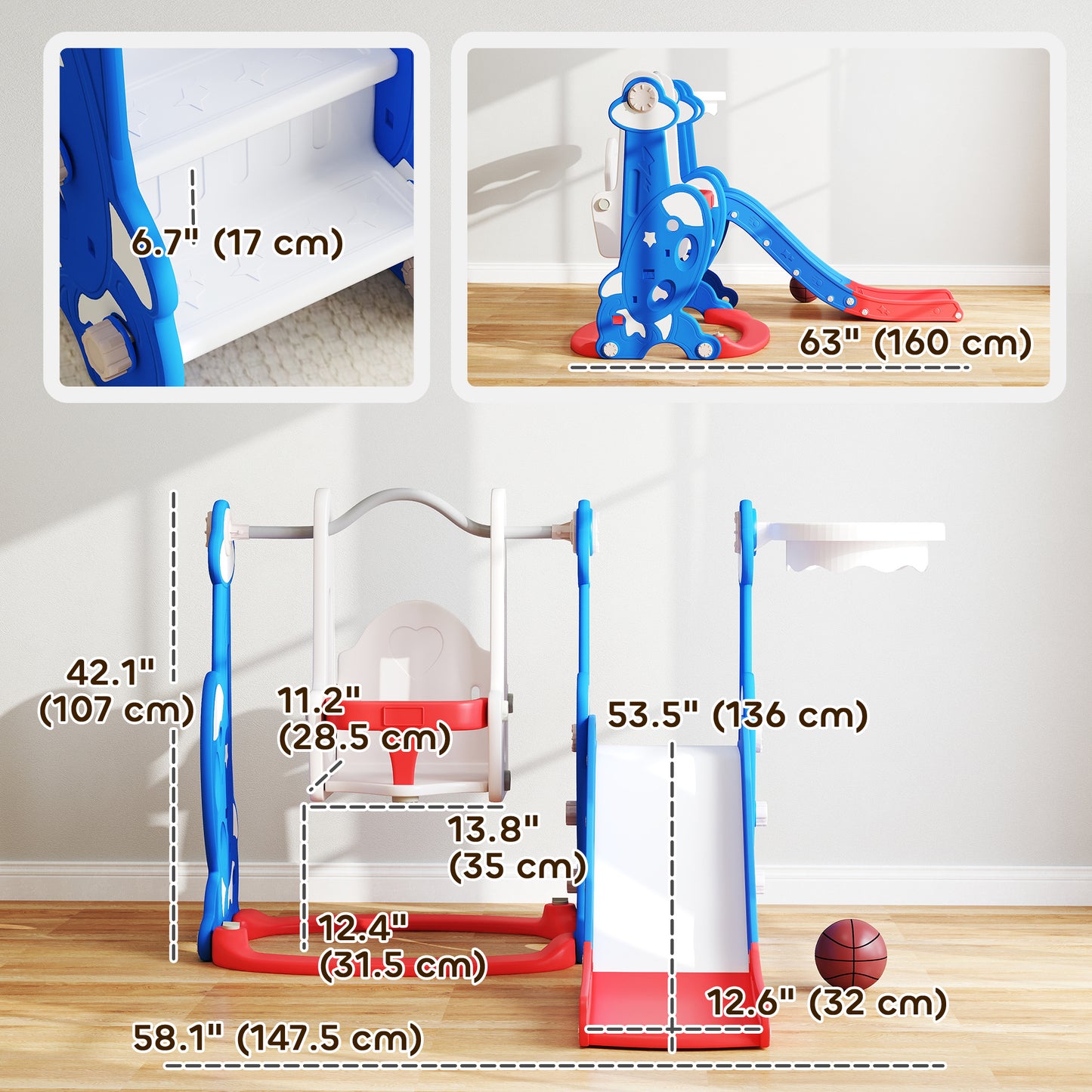 Qaba 8 in 1 Slide and Swing Set, Baby Swing Set with Basketball Hoop, Climber, Steering Wheel, for Aged 1-3 Years, Yellow