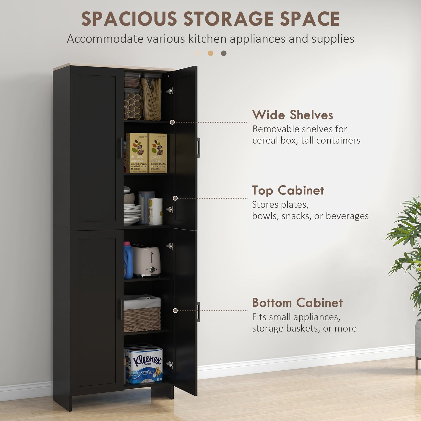 HOMCOM 67" 4-Door Kitchen Pantry Cabinet, Freestanding Storage Cabinet Cupboard with Adjustable Shelves, White