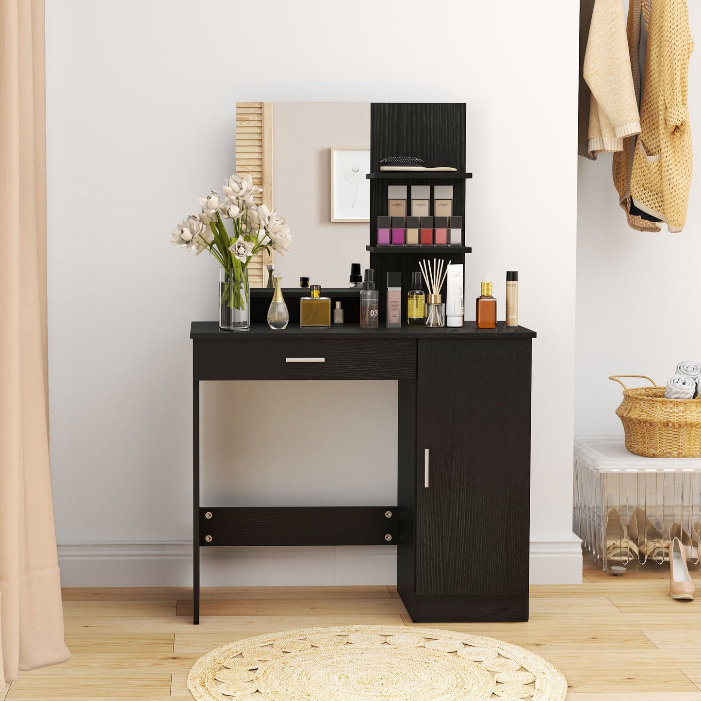 HOMCOM Dressing Table, Vanity Table with Mirror, Drawer and Storage Shelves for Bedroom, 35.4" x 15" x 54.3", White