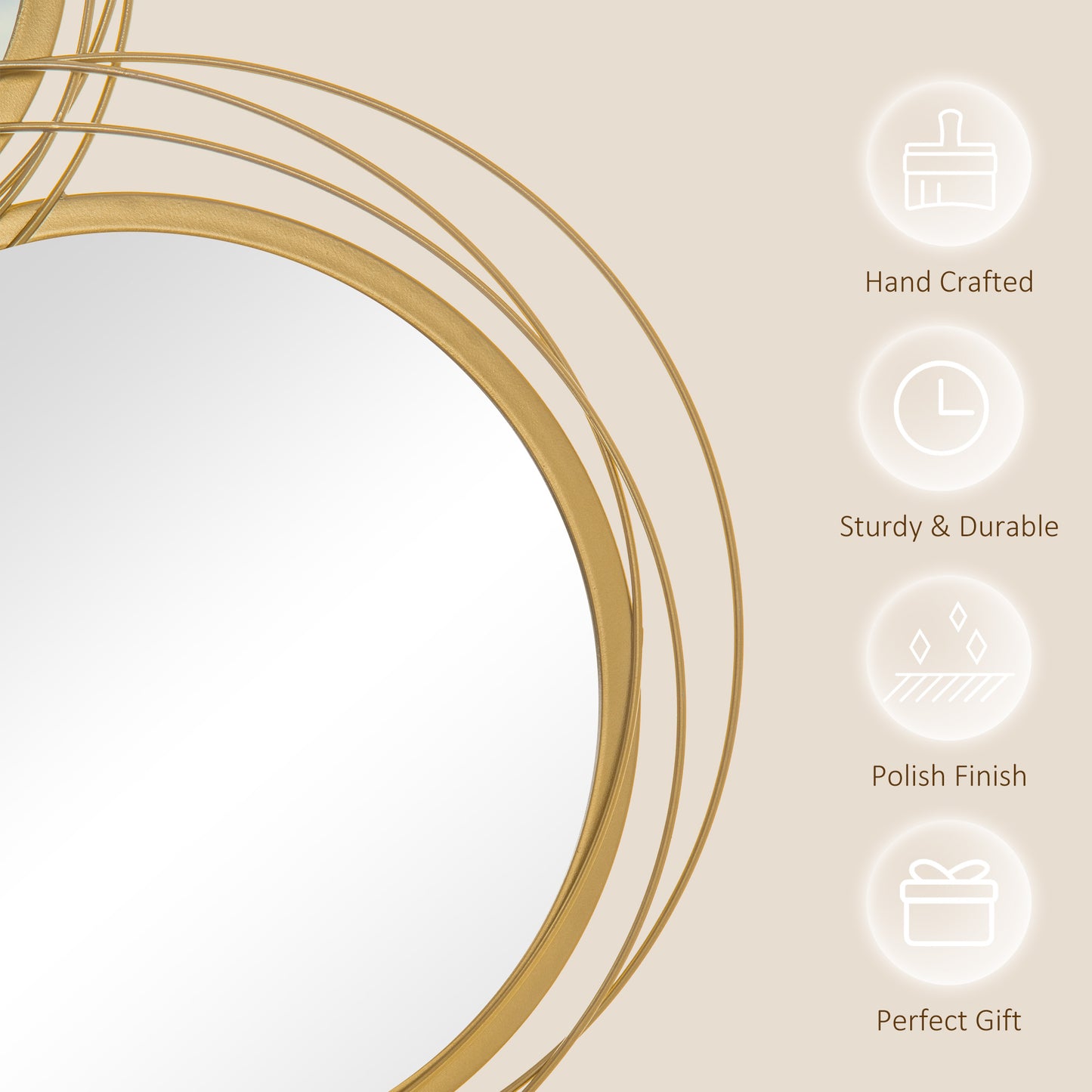 HOMCOM Metal Wall Art Gold Frame Circle Bathroom Mirror Decor Home Hanging Wall Sculptures for Living Room Bedroom Dining Room, 42.25" W x 22" H, Gold
